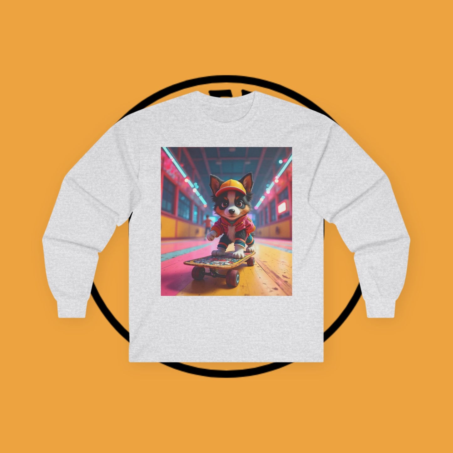 "Cool Skateboarding Puppy Long Sleeve Tee - Urban Street Art Dog Shirt - Cyberpunk Neon Skater Apparel"