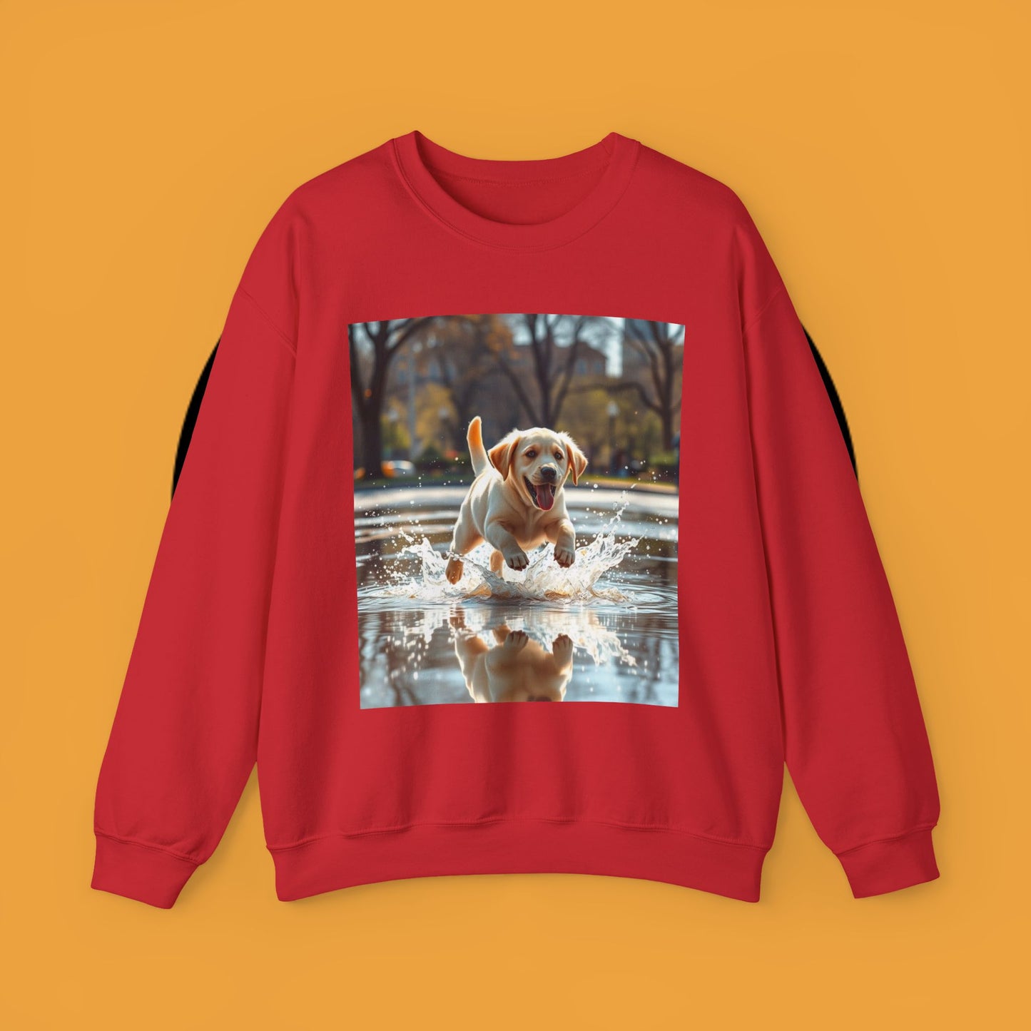 Unisex Dog Lover Crewneck Sweatshirt -Labrador Puppy Running in Water - Happy Dog Splashing in Puddle