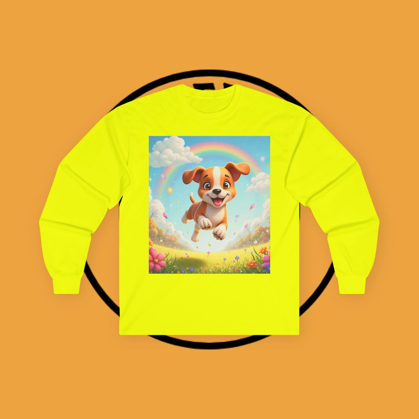 Happy Puppy Rainbow Jumping Spring Flowers Long Sleeve Shirt