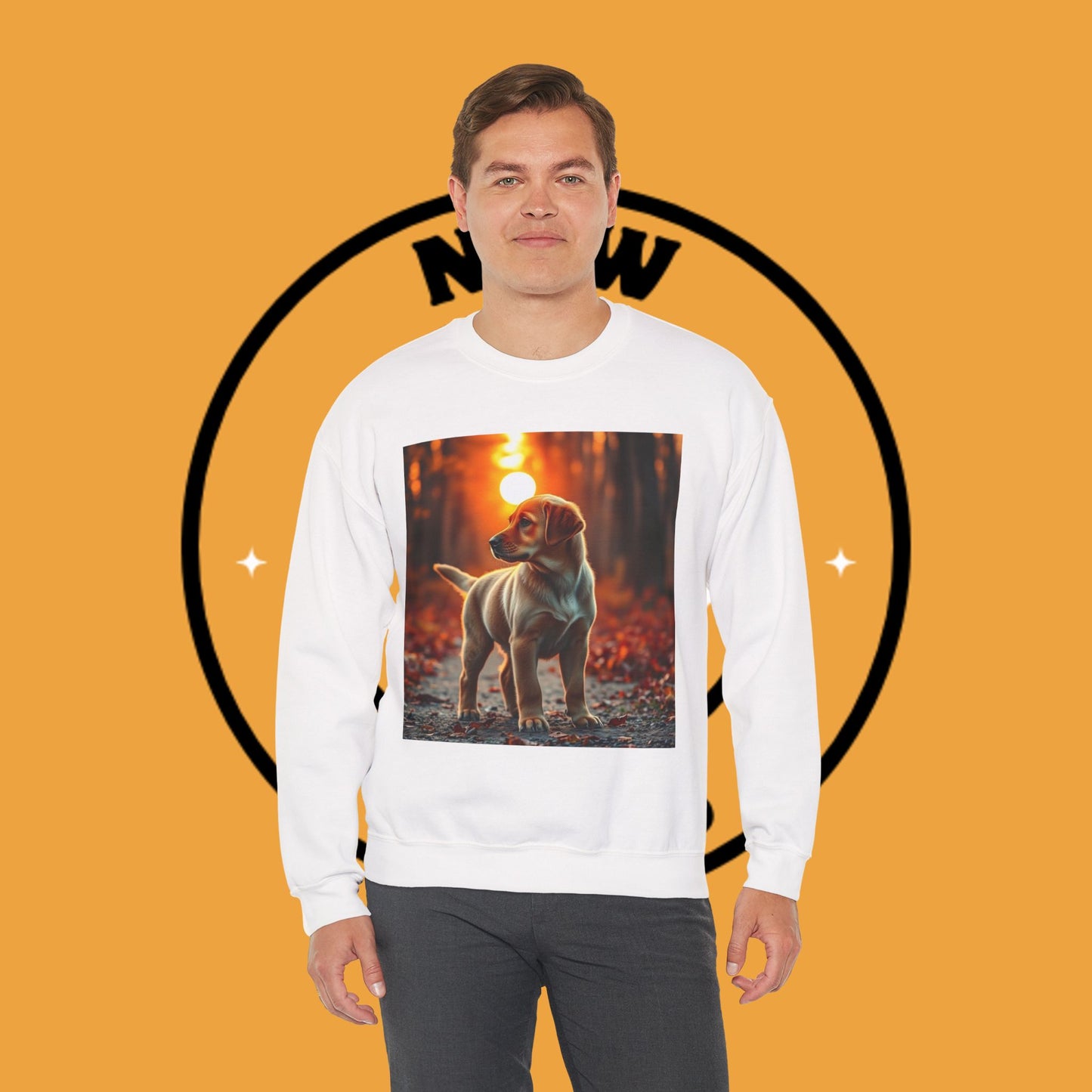 Crewneck Sweatshirt - Labrador Puppy in Autumn Forest with Golden Sunset Light Design