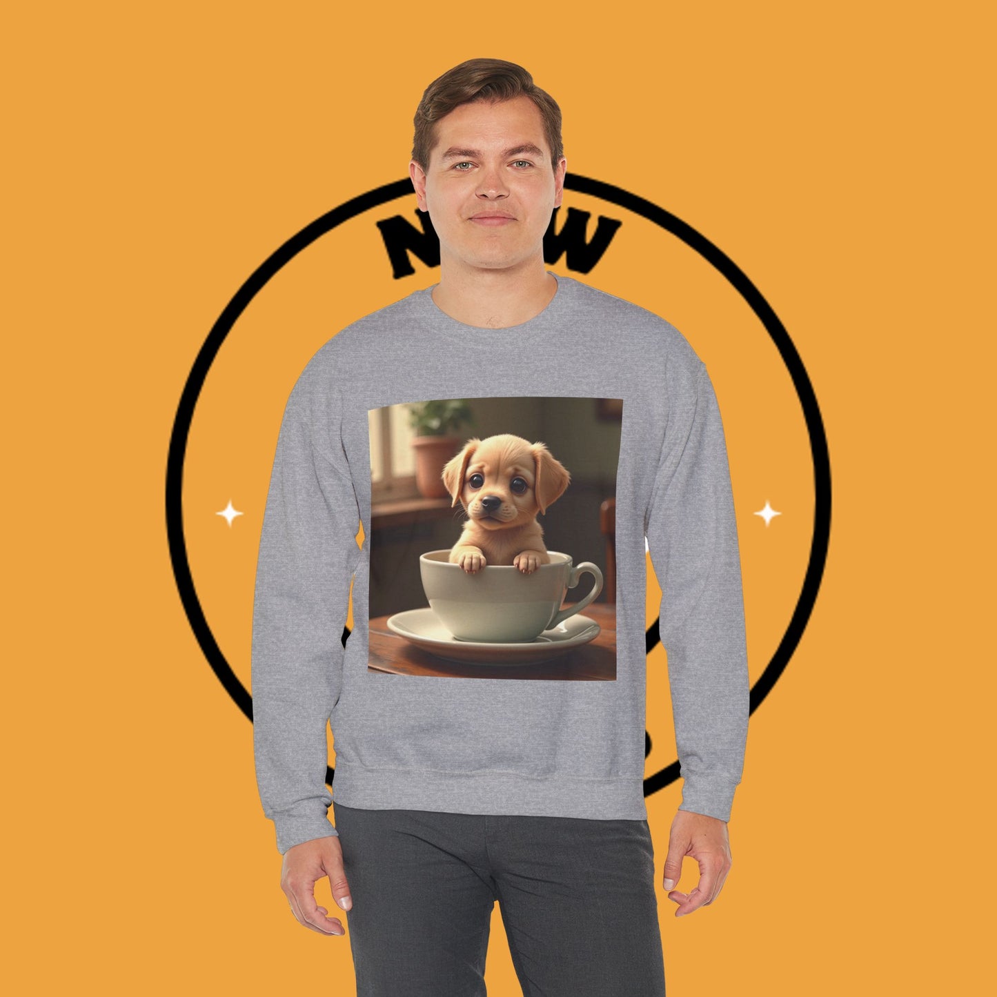 Unisex Dog Lover Crewneck Sweatshirt - Teacup Puppy: Adorable Yellow Lab in Coffee Cup