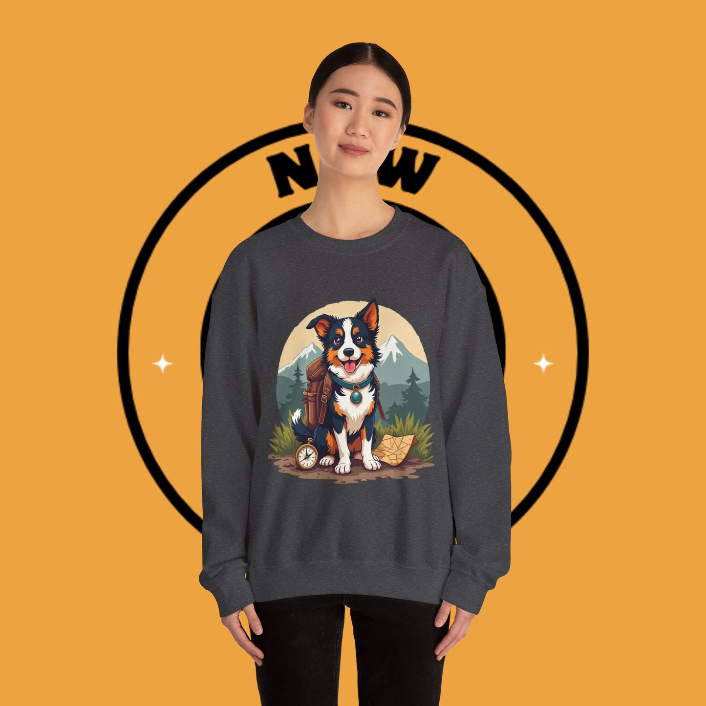 Adventure Dog Hiking Crewneck Sweatshirt - Mountain Explorer Border Collie Design | Outdoor Lover Gift