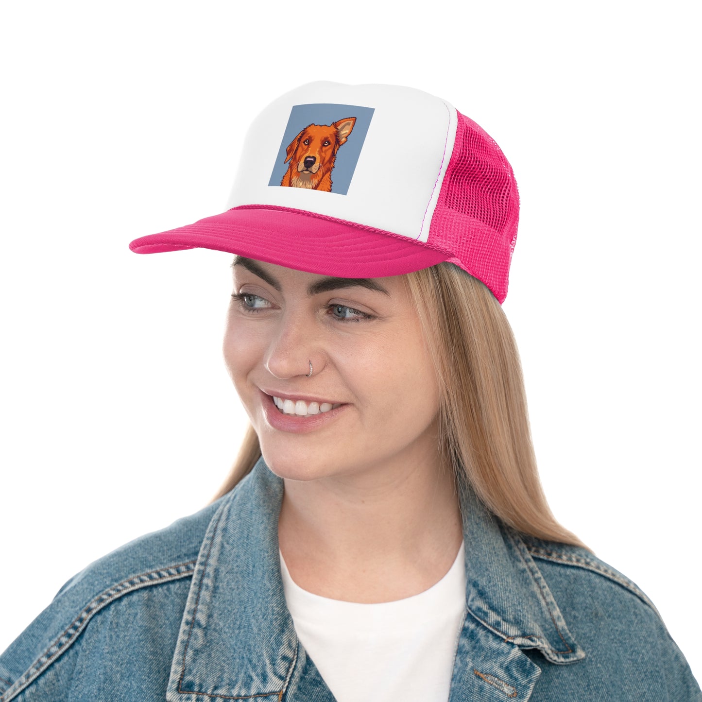 Pixel Art Dog Trucker Cap - Retro Gaming Golden Retriever Design - Unisex Adjustable Cap