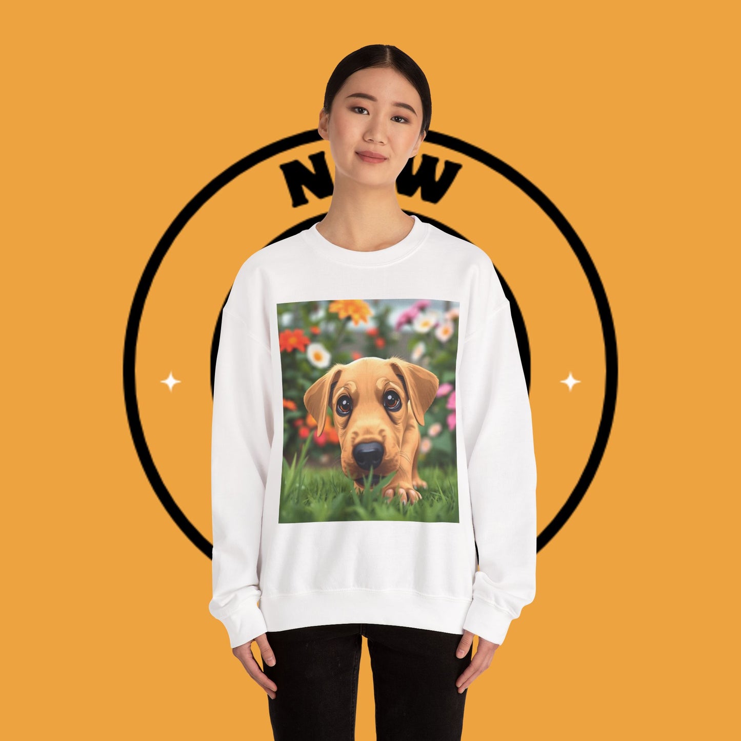 Unisex Dog Lover Crewneck Sweatshirt - Cute puppe with big eyes in floral garden