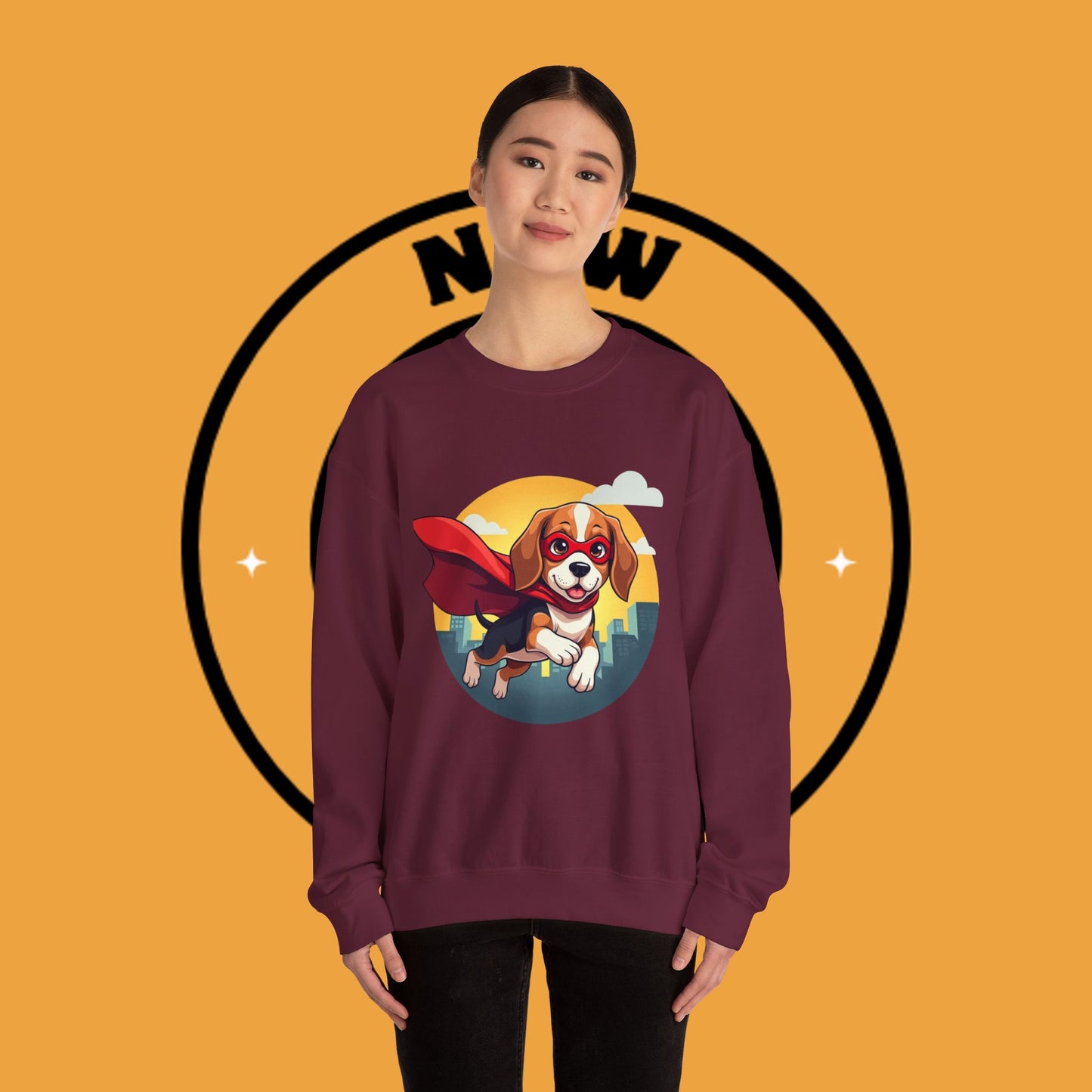 Superhero Dog Crewneck Sweatshirt - Flying Beagle Design with Red Cape and Mask