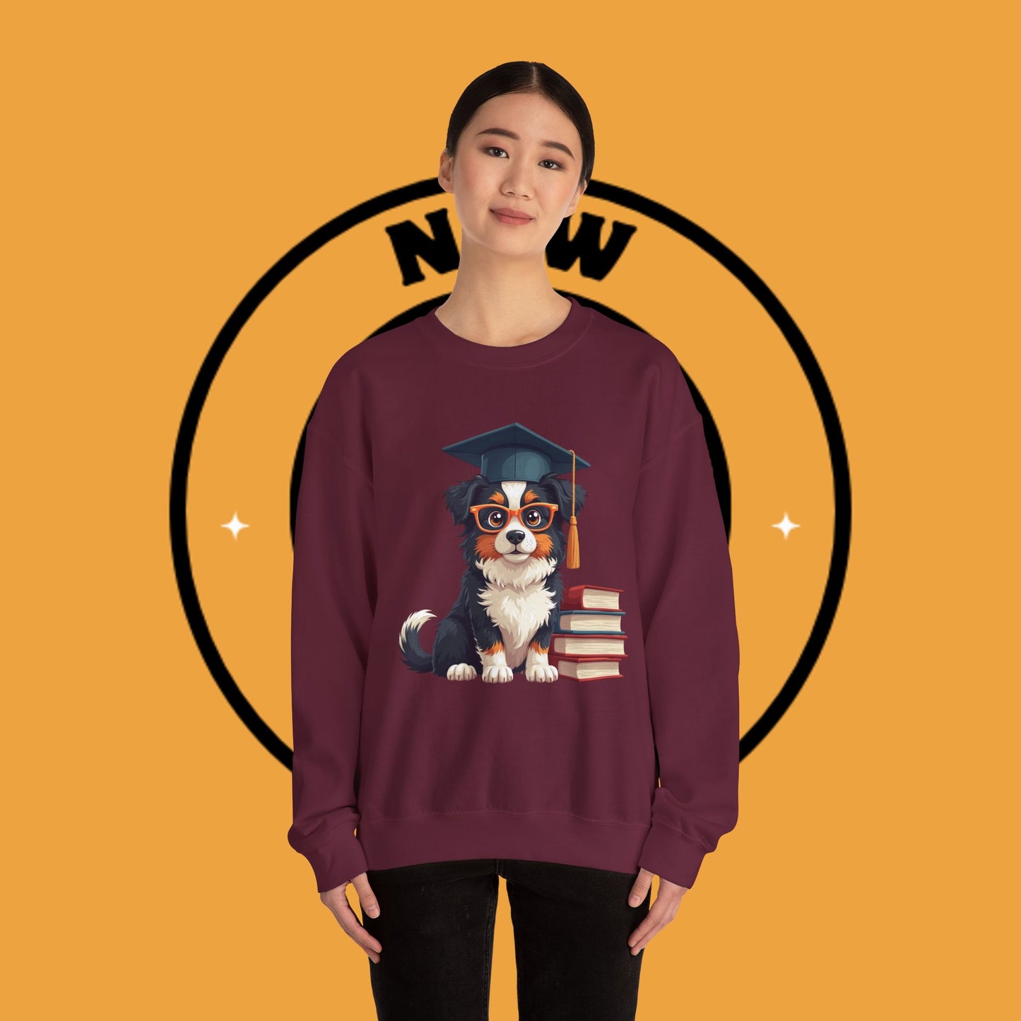 Graduation Dog Crewneck Sweatshirt - Smart Puppy Graduate Cap Books | Academic Achievement Gift