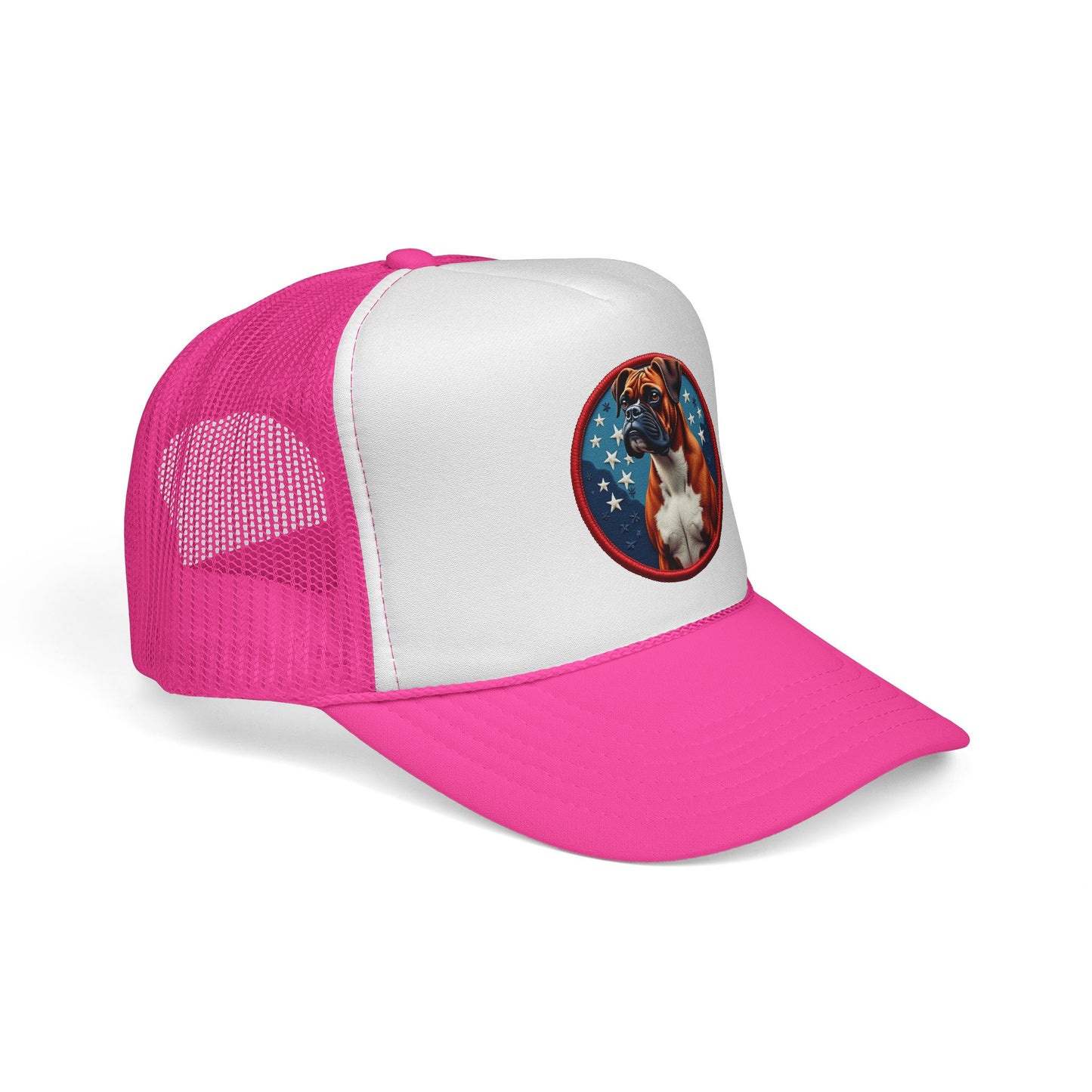 "Americana Boxer Dog Patch Trucker Cap - Patriotic Stars Design | USA Flag Colors Snapback Hat | Military Style Baseball Cap"