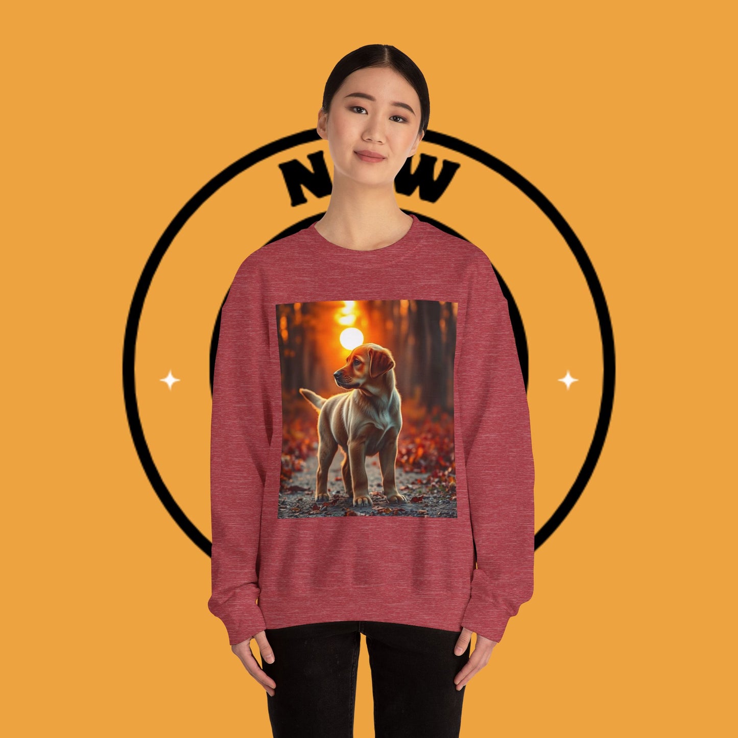 Crewneck Sweatshirt - Labrador Puppy in Autumn Forest with Golden Sunset Light Design