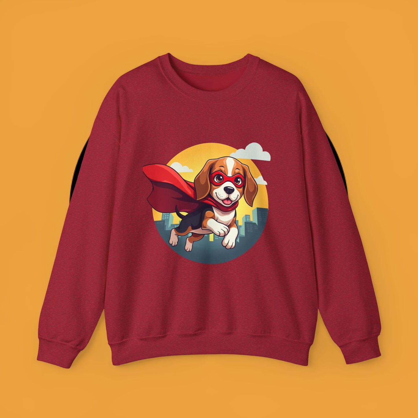 Superhero Dog Crewneck Sweatshirt - Flying Beagle Design with Red Cape and Mask