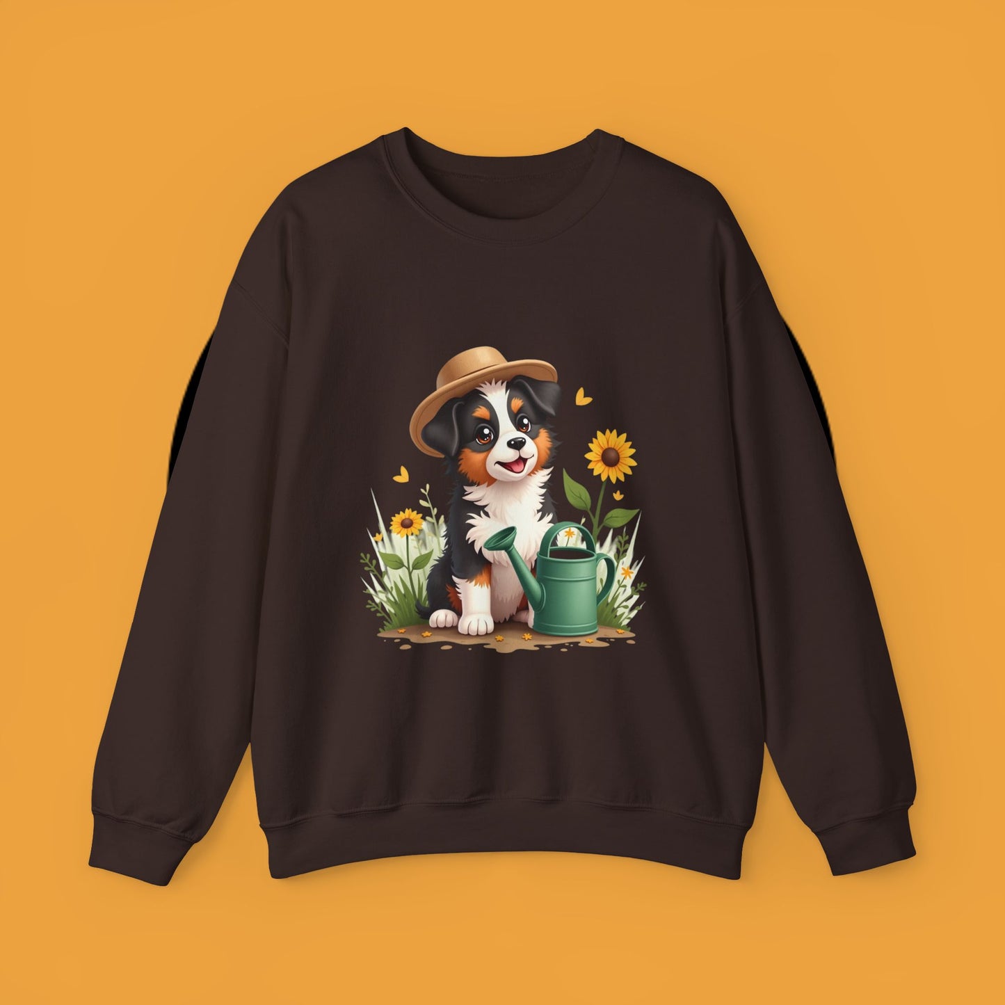 Garden Dog Crewneck Sweatshirt - Cute Puppy Gardener with Sunflowers Design | Green Thumb Gift