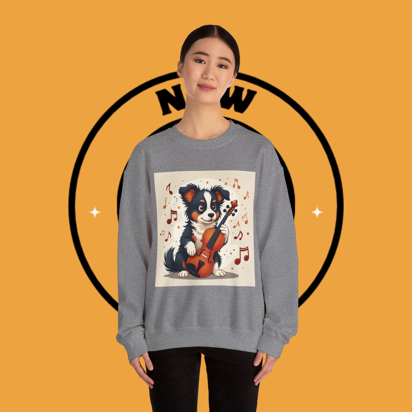 Music Dog Crewneck Sweatshirt - Cute Puppy Violinist with Musical Notes Design | Musician Gift