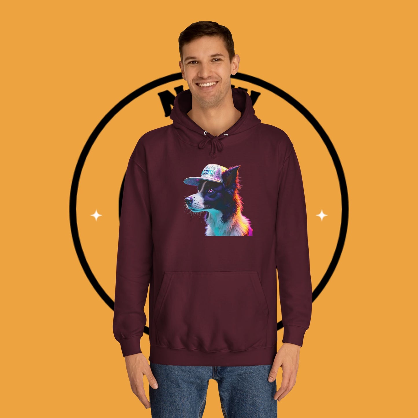 "Neon Rainbow Dog Hoodie - Vibrant Border Collie Street Art Design | Unisex Premium Streetwear"