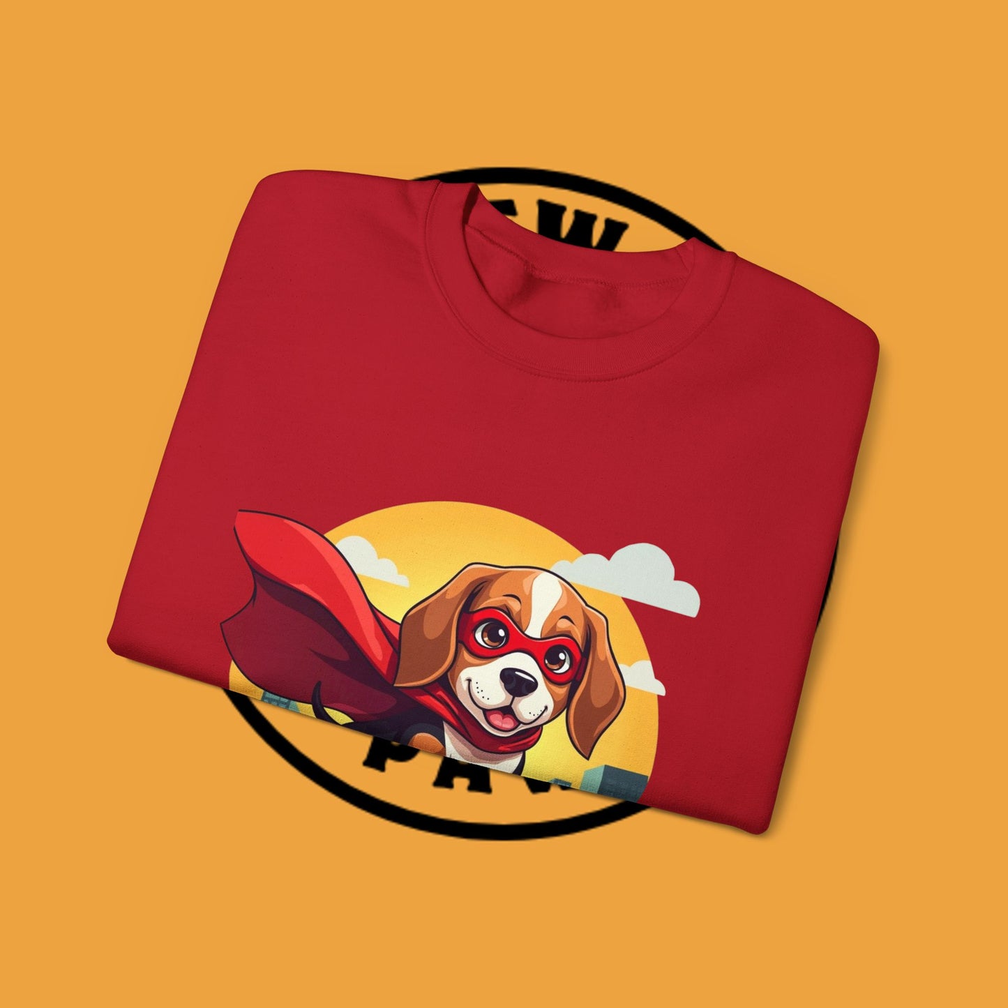 Superhero Dog Crewneck Sweatshirt - Flying Beagle Design with Red Cape and Mask