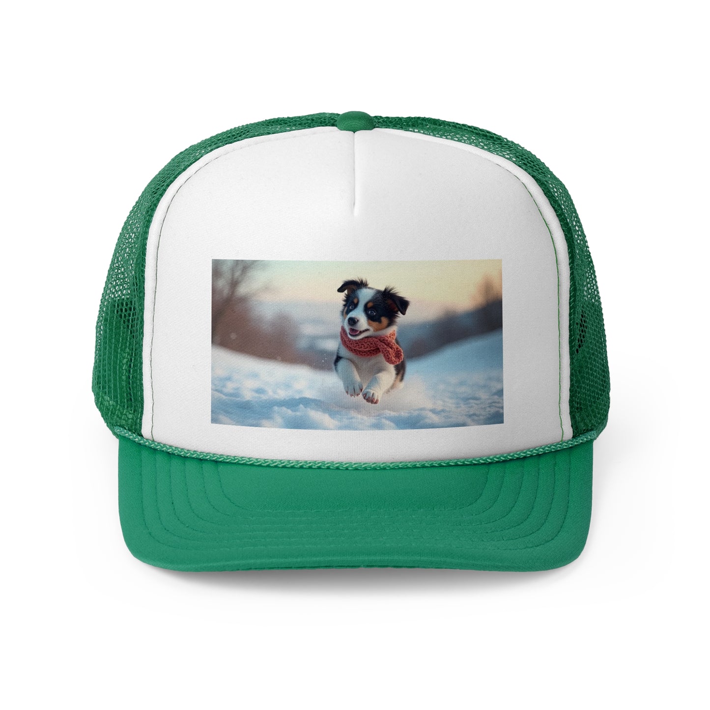 Winter Puppy Trucker Hat - Cozy Dog in Snow Cap - Adorable Scarf Puppy Baseball Hat
