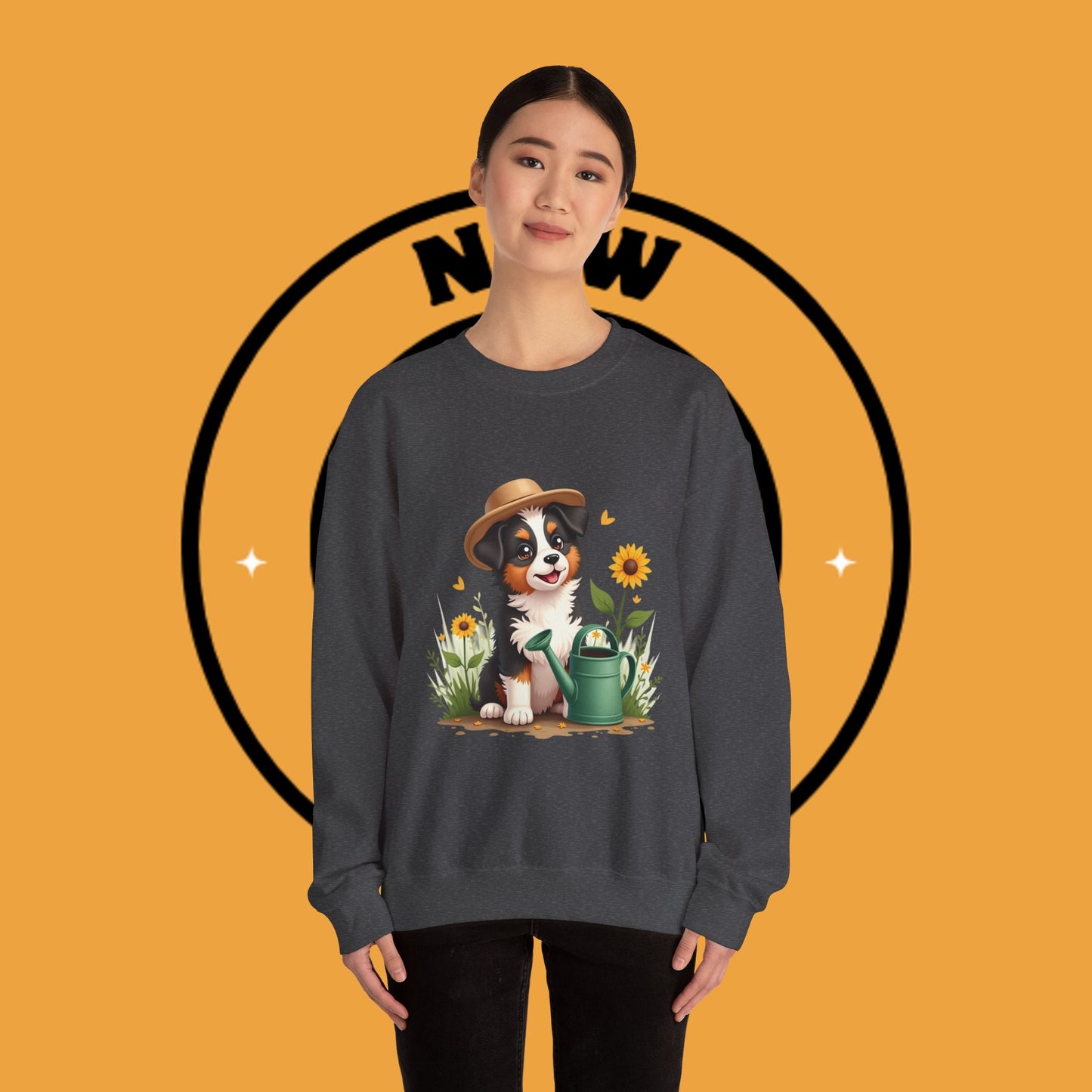 Garden Dog Crewneck Sweatshirt - Cute Puppy Gardener with Sunflowers Design | Green Thumb Gift