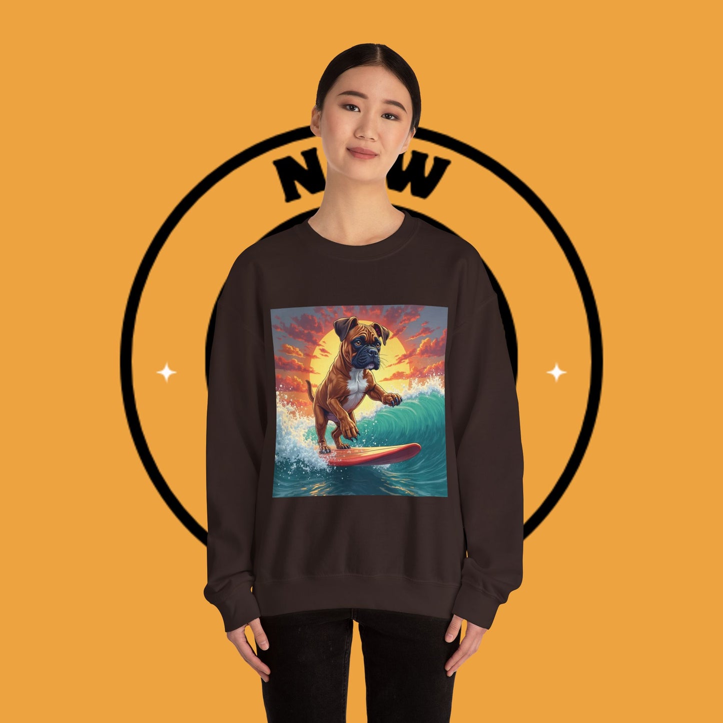 Surfing Boxer Dog Crewneck Sweatshirt | Funny Beach Surfer Gift | Epic Wave Riding Pup Design