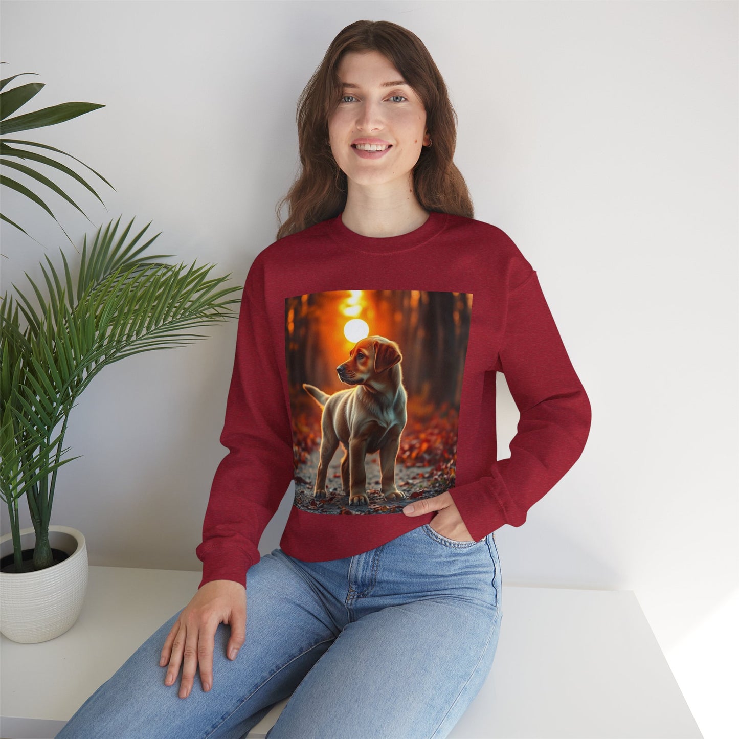 Crewneck Sweatshirt - Labrador Puppy in Autumn Forest with Golden Sunset Light Design