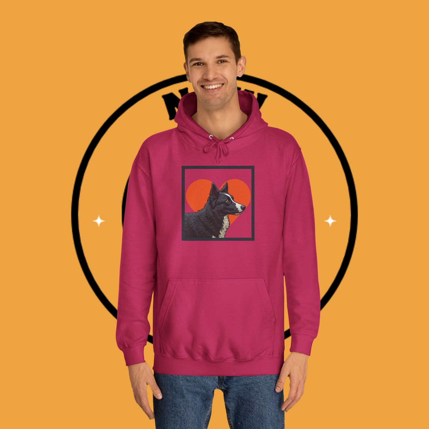 "Black & White Border Collie Portrait Hoodie - Bold Red Heart Background Dog Lover Sweatshirt | Premium Art Design"