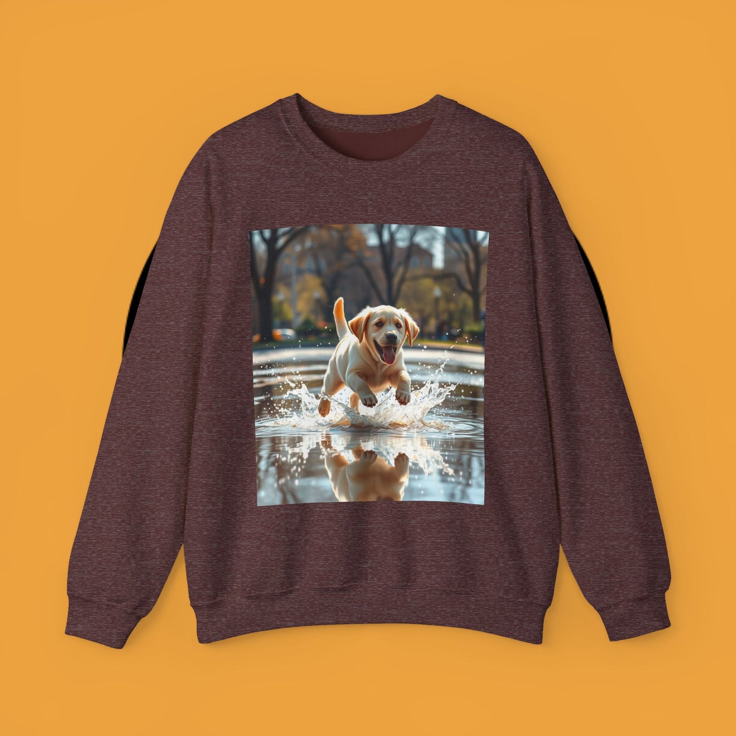 Unisex Dog Lover Crewneck Sweatshirt -Labrador Puppy Running in Water - Happy Dog Splashing in Puddle