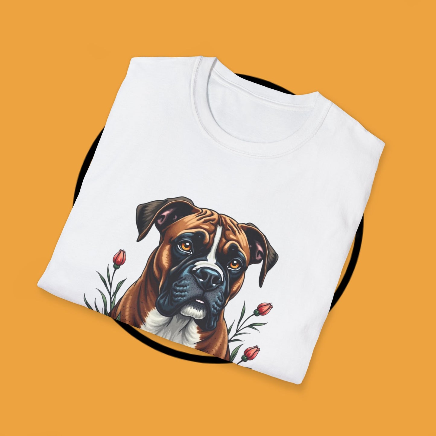 Boxer Dog Floral Portrait T-Shirt - Elegant Botanical Art Design Tee for Dog Lovers
