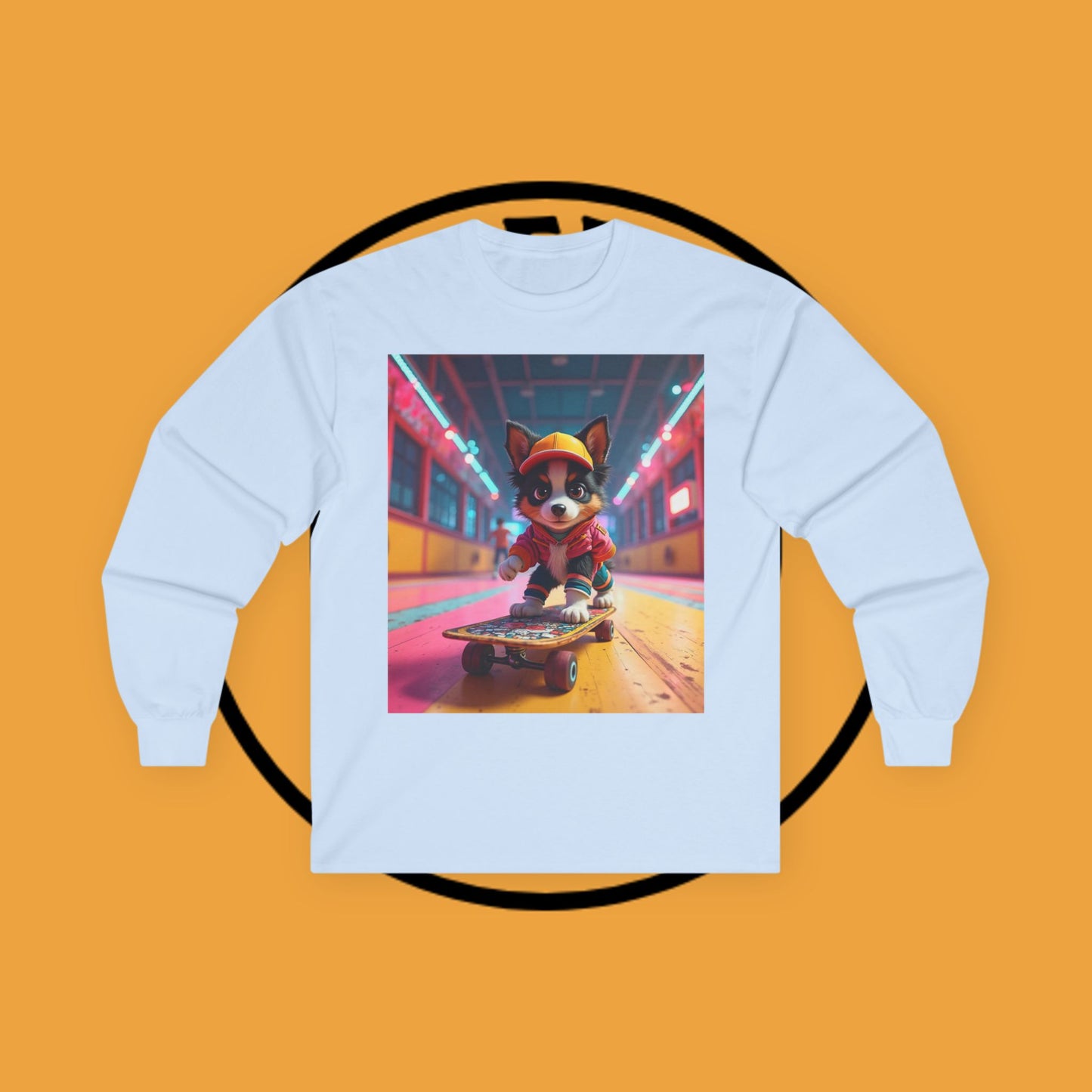 "Cool Skateboarding Puppy Long Sleeve Tee - Urban Street Art Dog Shirt - Cyberpunk Neon Skater Apparel"