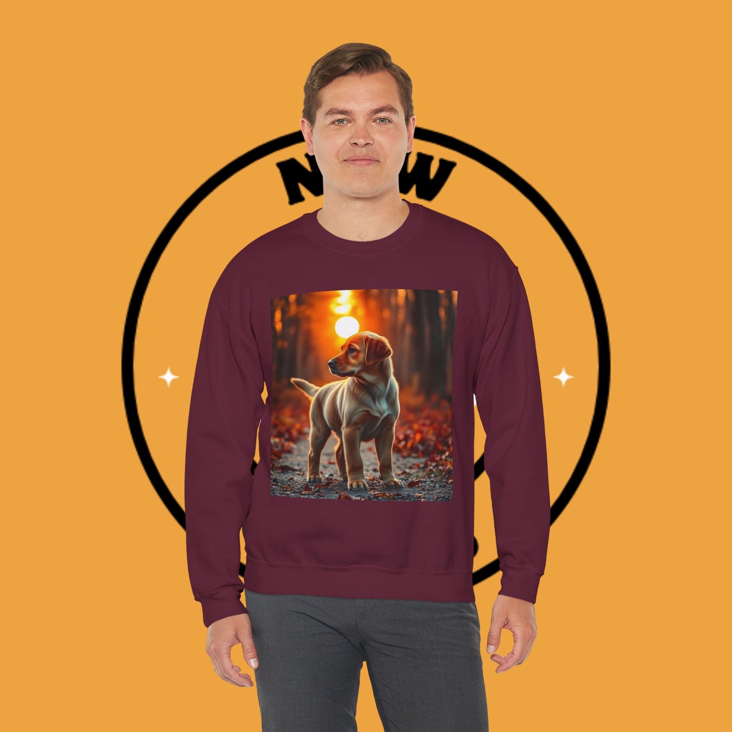 Crewneck Sweatshirt - Labrador Puppy in Autumn Forest with Golden Sunset Light Design