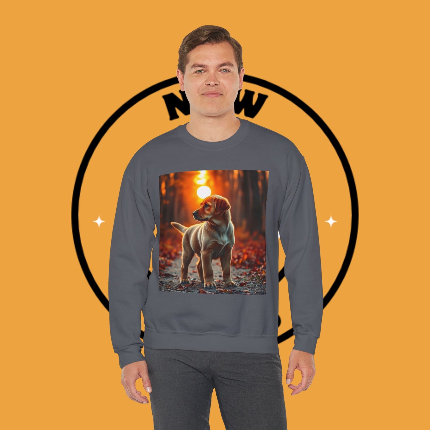 Crewneck Sweatshirt - Labrador Puppy in Autumn Forest with Golden Sunset Light Design