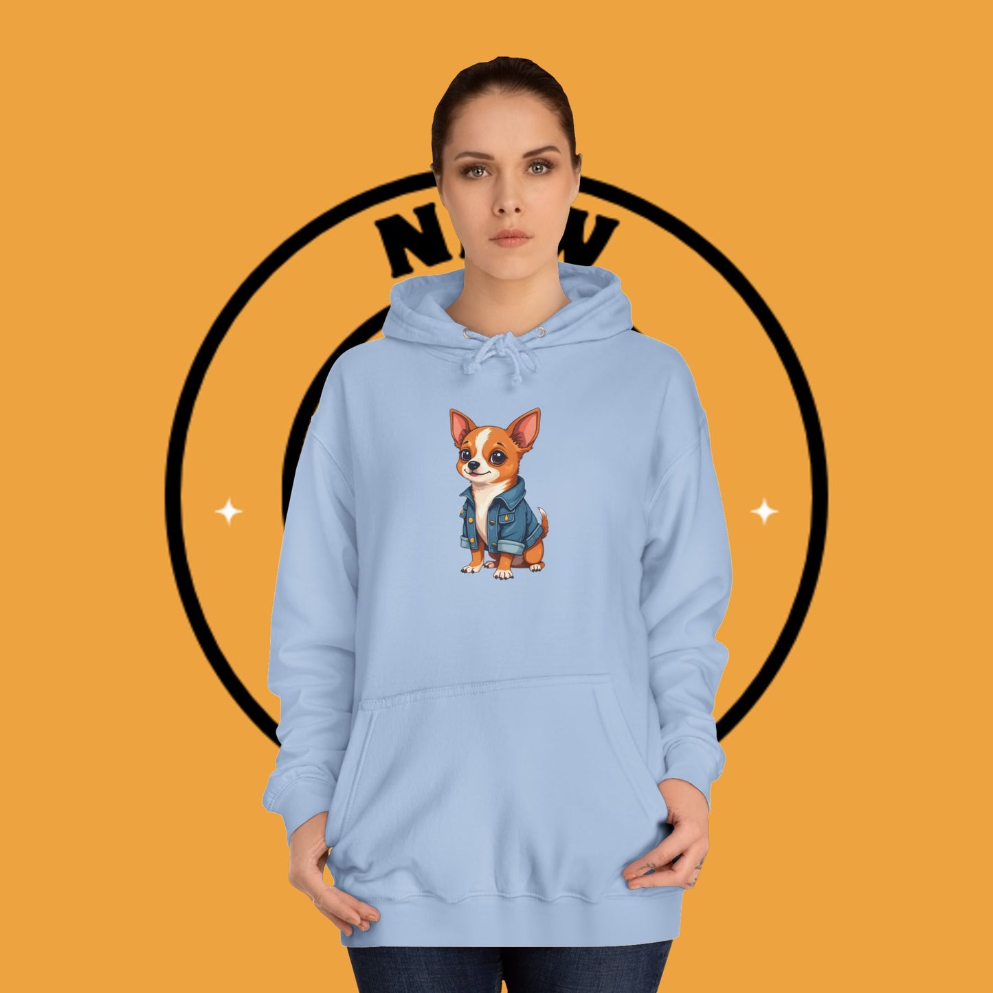 "Adorable Chihuahua in Denim Jacket Hoodie | Cute Dog Lover Gift | Premium Pet Fashion Streetwear"