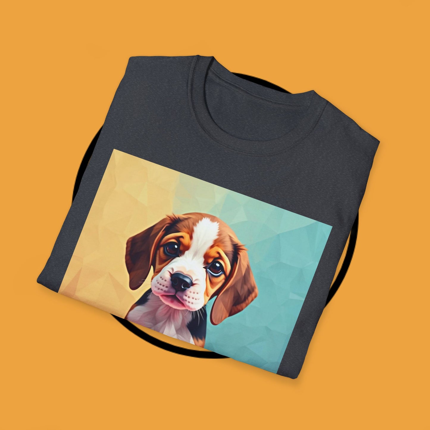 Modern Art Beagle Puppy T-Shirt - Geometric Low Poly Dog Design with Rainbow Background