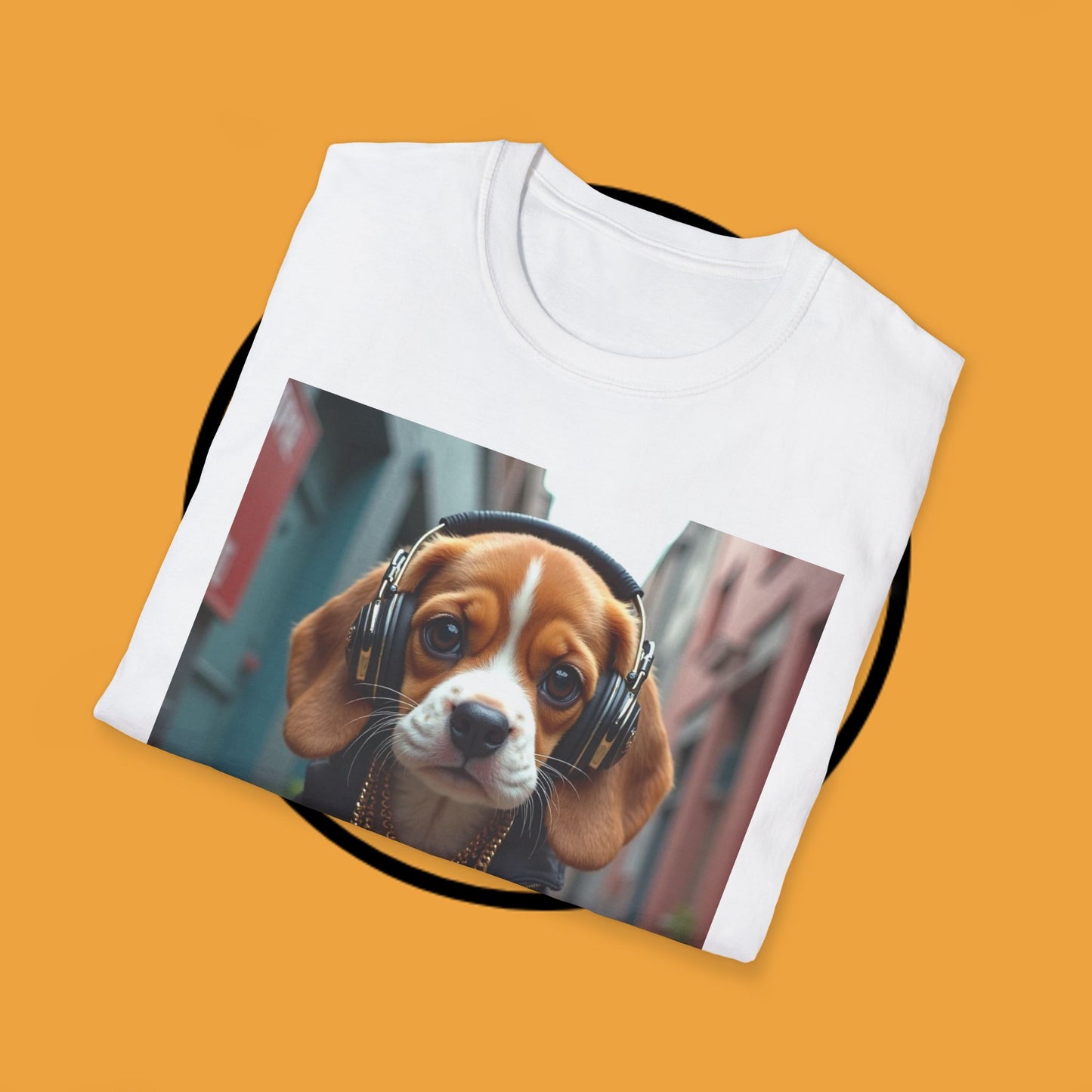 Hip Hop Beagle Dog T-Shirt - Cool Puppy with Headphones & Gold Chains Graphic Tee