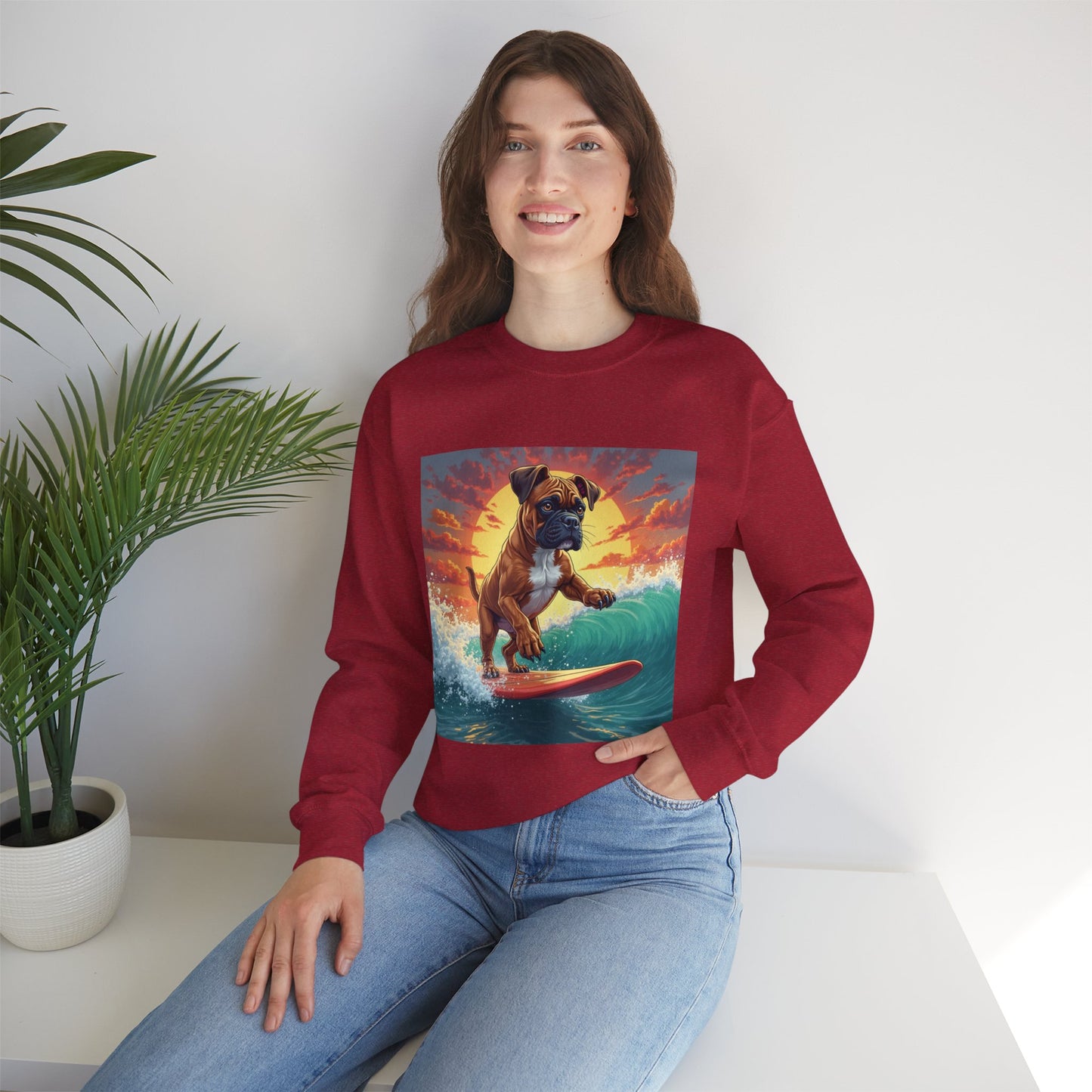 Surfing Boxer Dog Crewneck Sweatshirt | Funny Beach Surfer Gift | Epic Wave Riding Pup Design