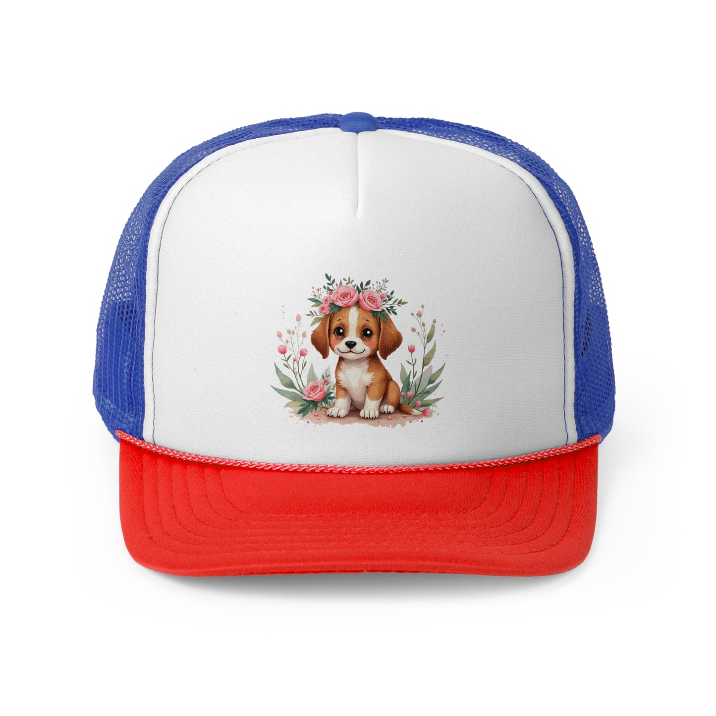 Cute Beagle Puppy with Pink Roses Floral Crown Trucker Hat - Adorable Dog Flower Crown Cap | Sweet Pet Lover Gift | Feminine Snapback