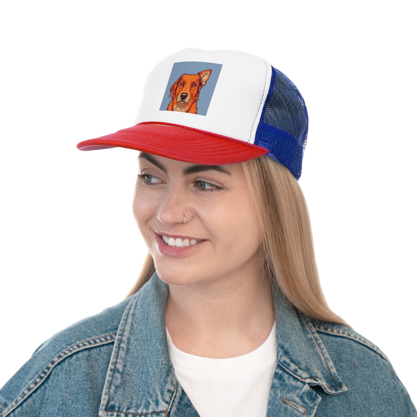 Pixel Art Dog Trucker Cap - Retro Gaming Golden Retriever Design - Unisex Adjustable Cap