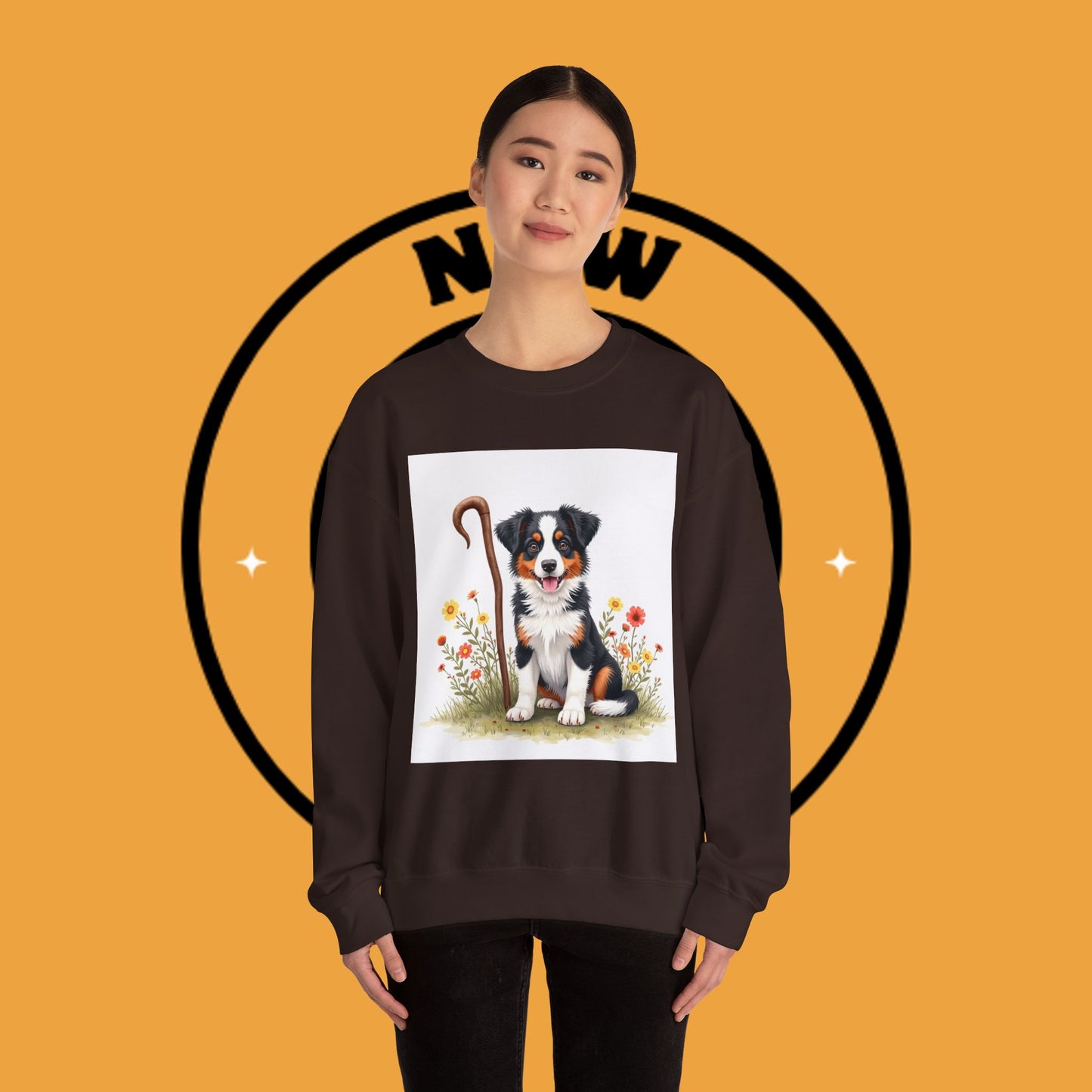 Border Collie Puppy Shepherd's Crook Crewneck Sweatshirt - Pastoral Dog Art | Farm Life Gift