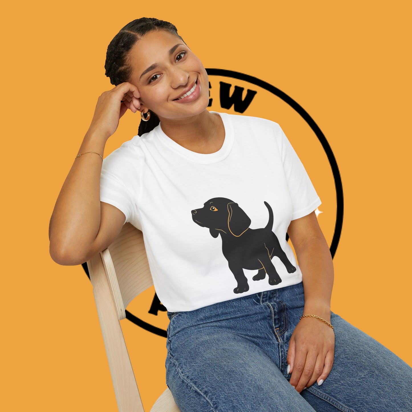 Minimalist Black Beagle Puppy T-Shirt - Simple Dog Silhouette Design | Modern Pet Lover Tee with Gold Accents