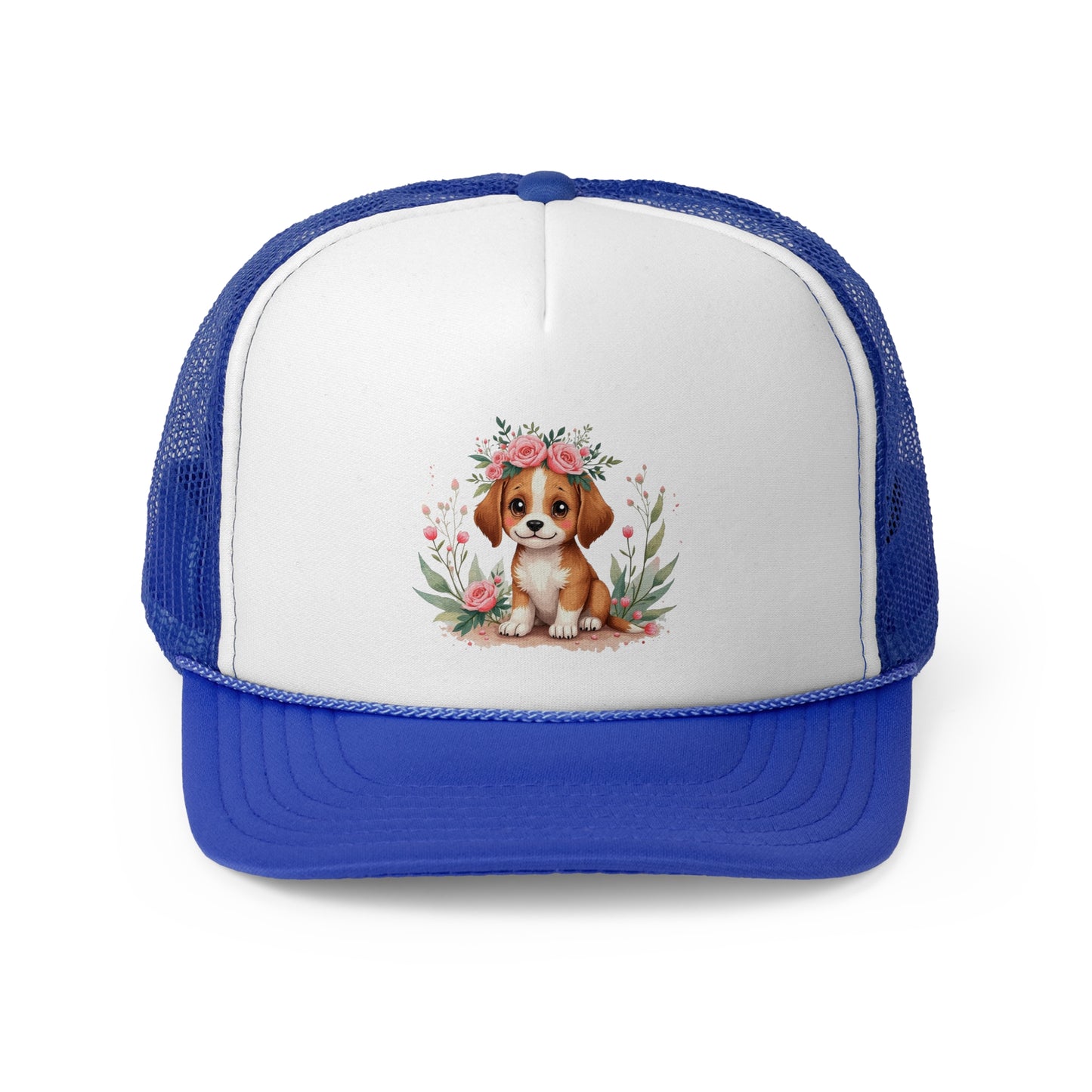 Cute Beagle Puppy with Pink Roses Floral Crown Trucker Hat - Adorable Dog Flower Crown Cap | Sweet Pet Lover Gift | Feminine Snapback
