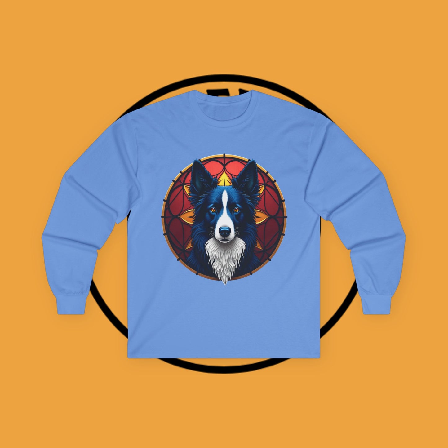 "Mystical Border Collie Stained Glass Long Sleeve Tee - Sacred Geometry Spirit Animal Shirt - Gothic Fantasy Apparel"