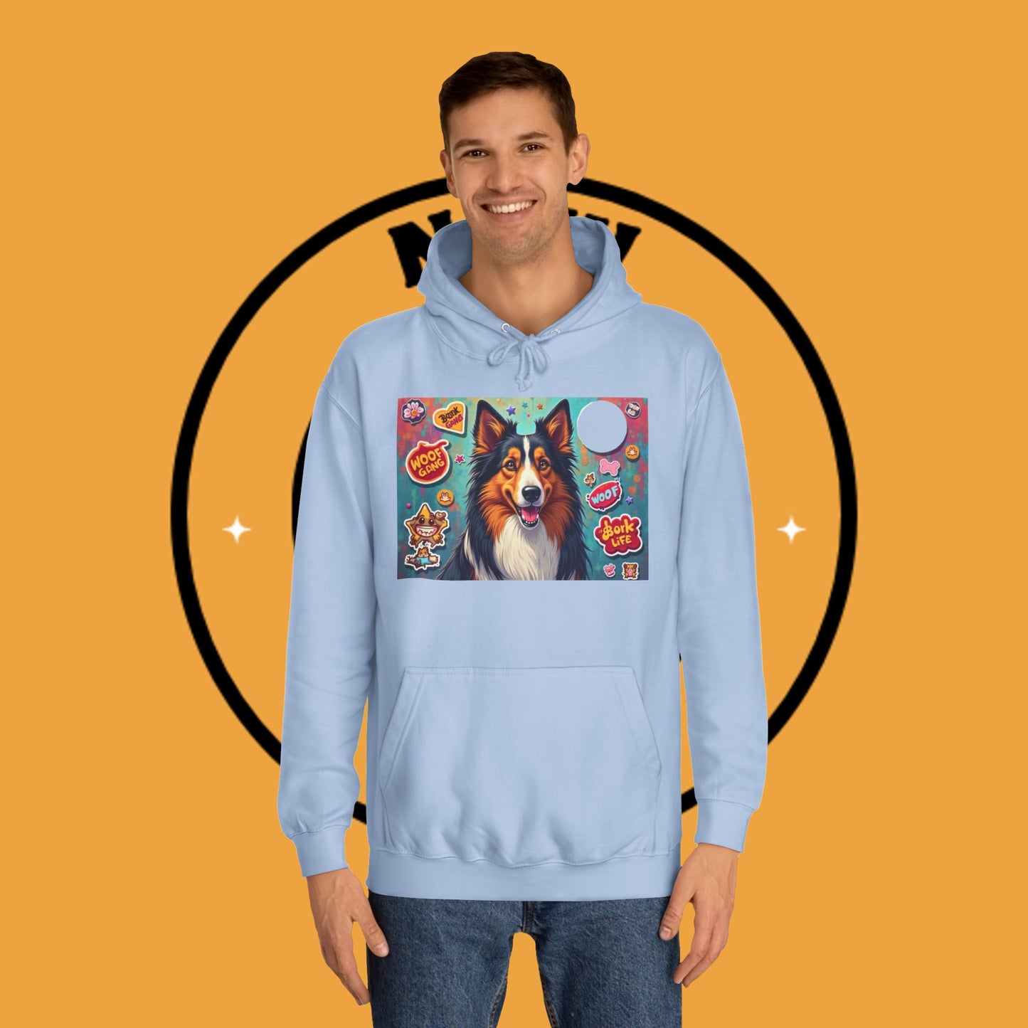 "Dog Sticker Pack Hoodie - Vibrant Collie with Fun Dog Patches Design | Millennial Pet Lover Streetwear"