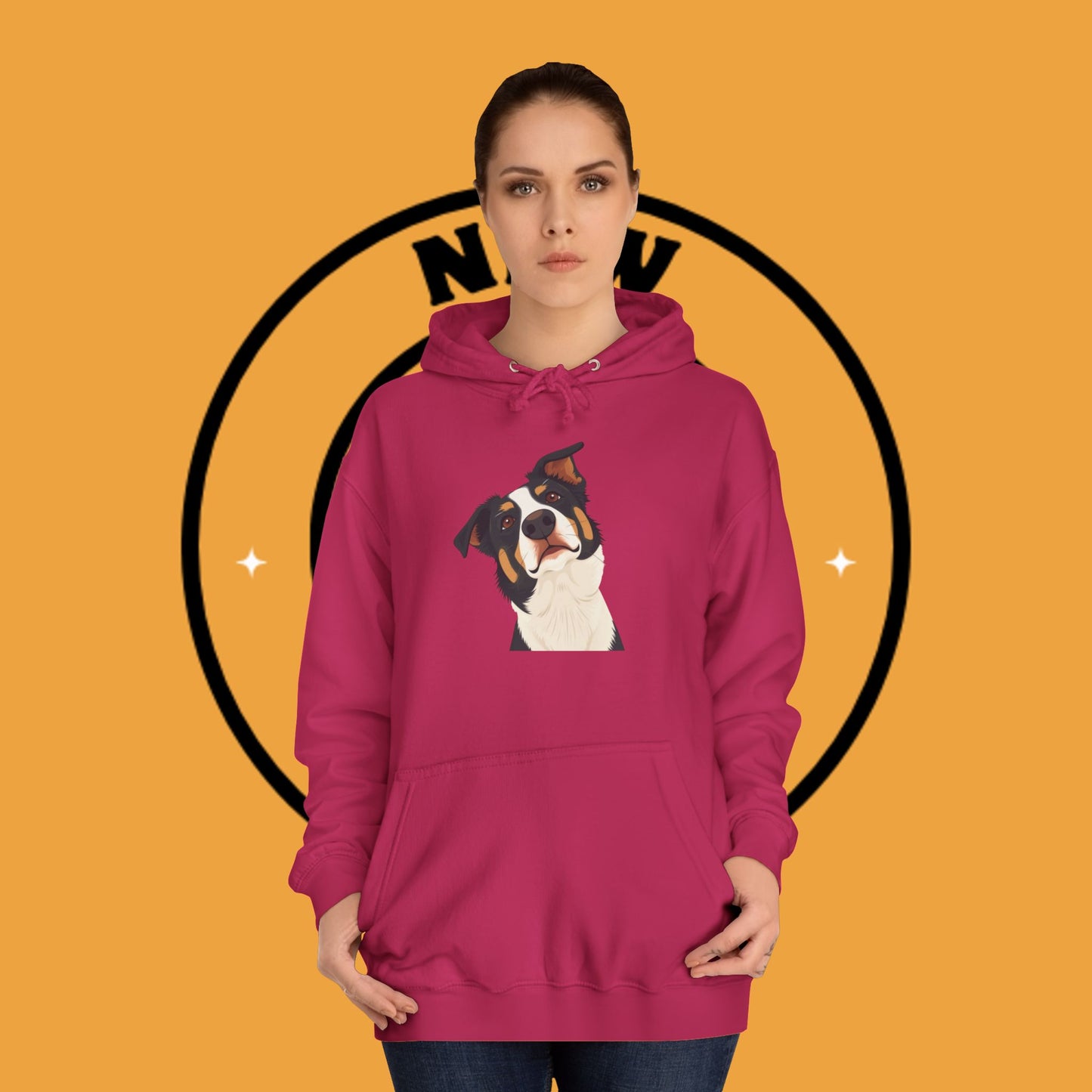 "Happy Border Collie Hoodie - Playful Cartoon Dog with Tilted Head Design | Cute Animal Streetwear"