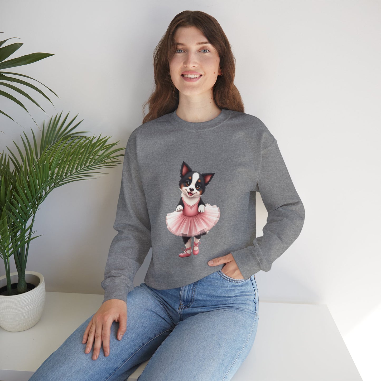 Cute Ballet Dog Crewneck Sweatshirt - Dancing Puppy in Pink Tutu Design | Kawaii Animal Lover Gift