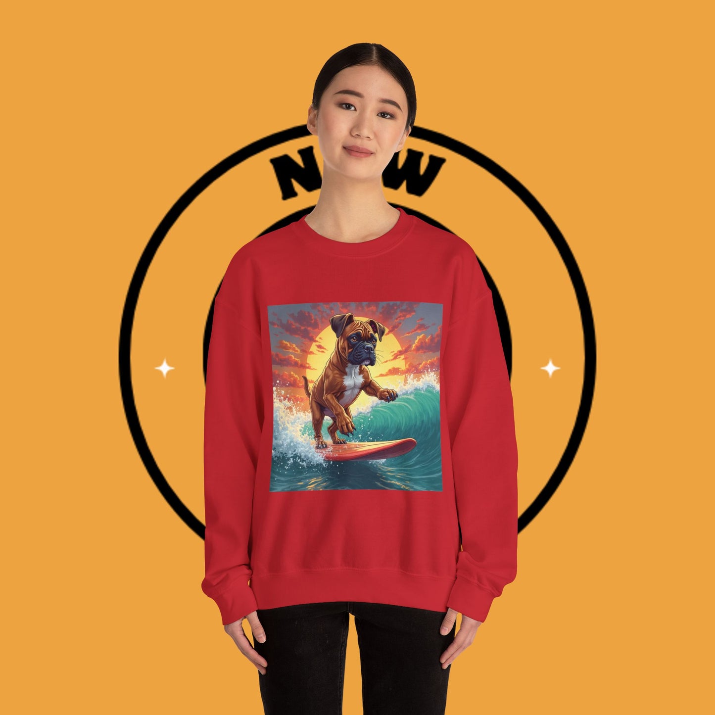 Surfing Boxer Dog Crewneck Sweatshirt | Funny Beach Surfer Gift | Epic Wave Riding Pup Design