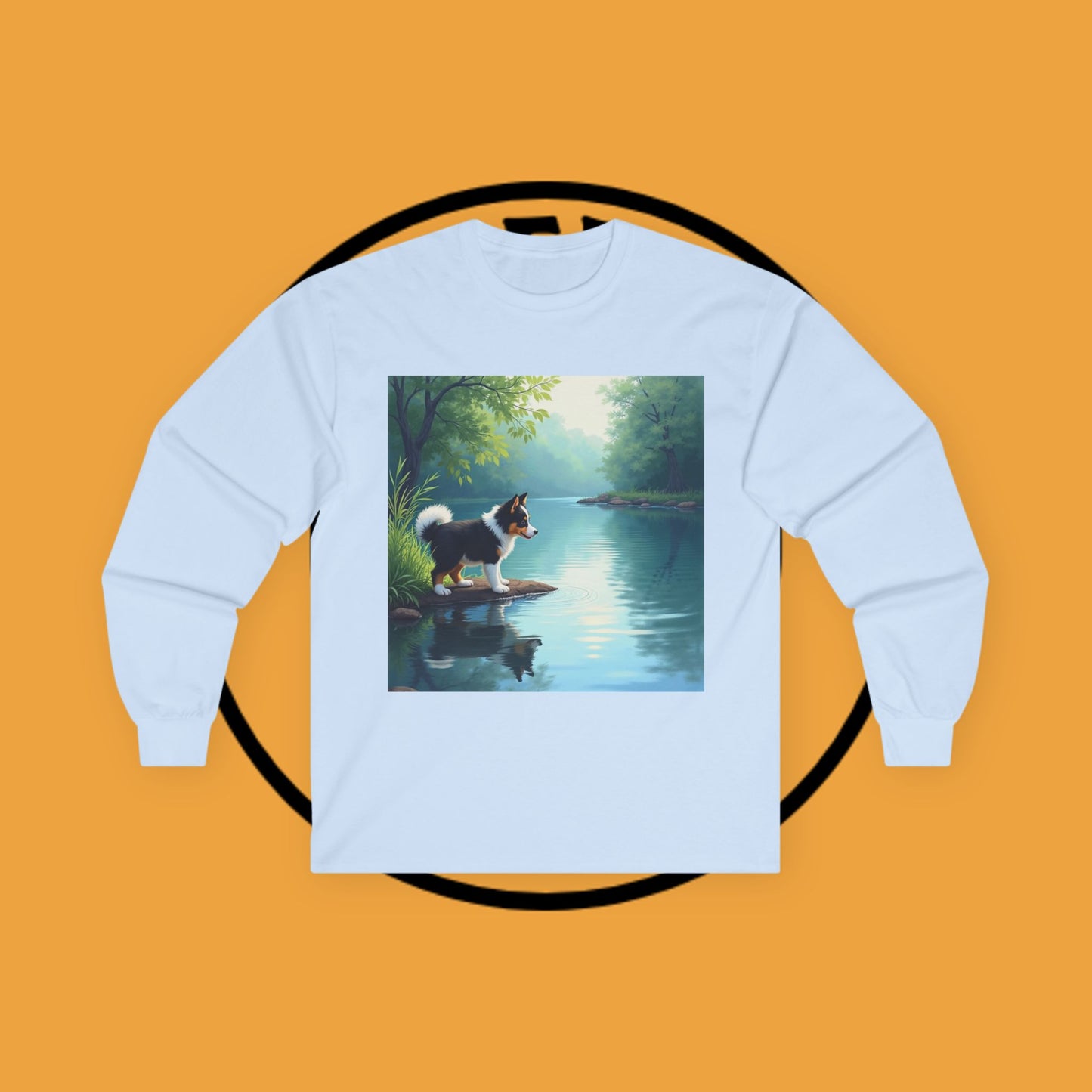 "Adorable Puppy by Tranquil Lake Long Sleeve Tee - Peaceful Nature Dog Art Shirt - Serene Landscape Apparel"