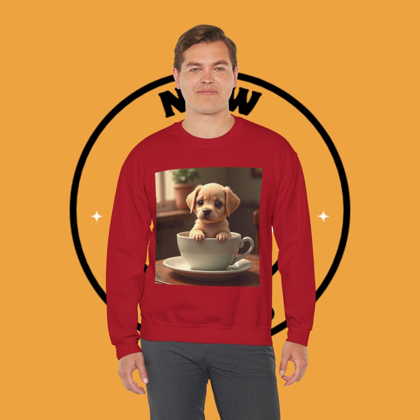 Unisex Dog Lover Crewneck Sweatshirt - Teacup Puppy: Adorable Yellow Lab in Coffee Cup