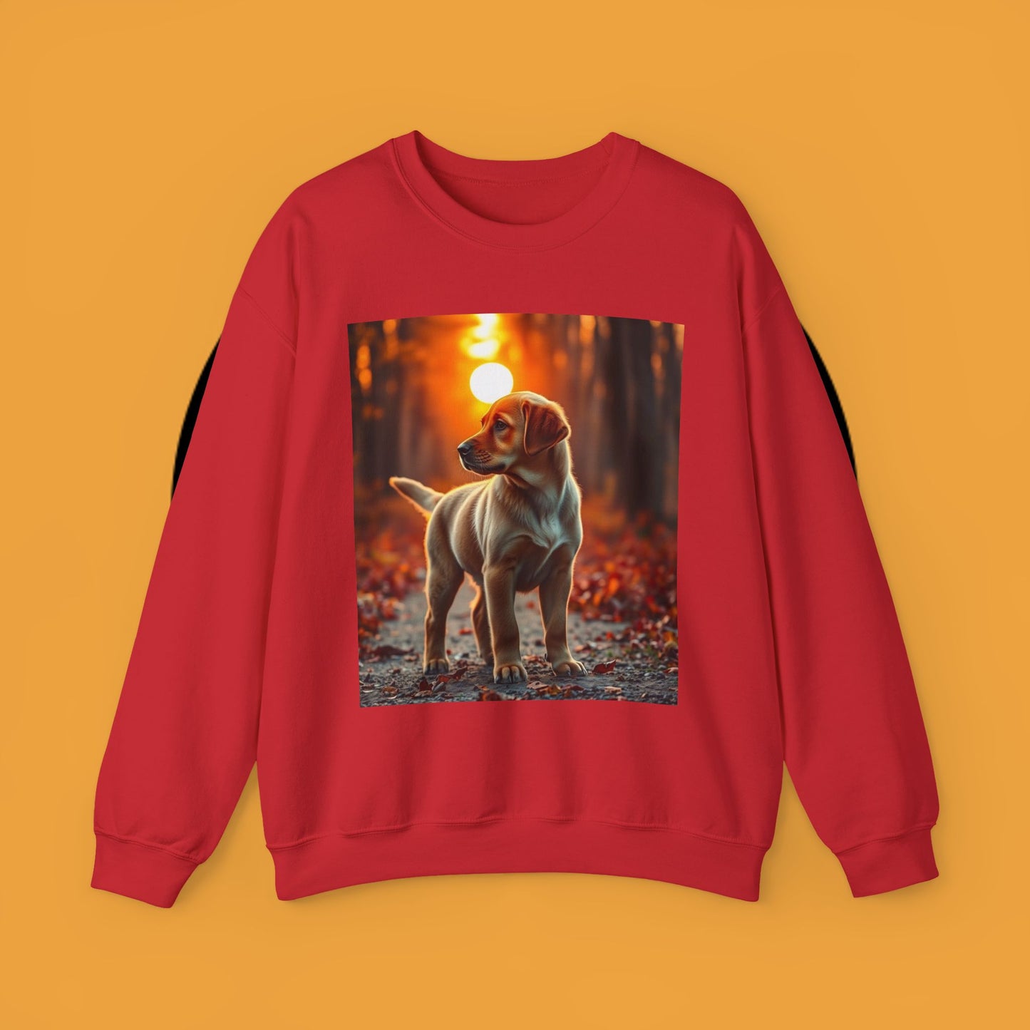 Crewneck Sweatshirt - Labrador Puppy in Autumn Forest with Golden Sunset Light Design