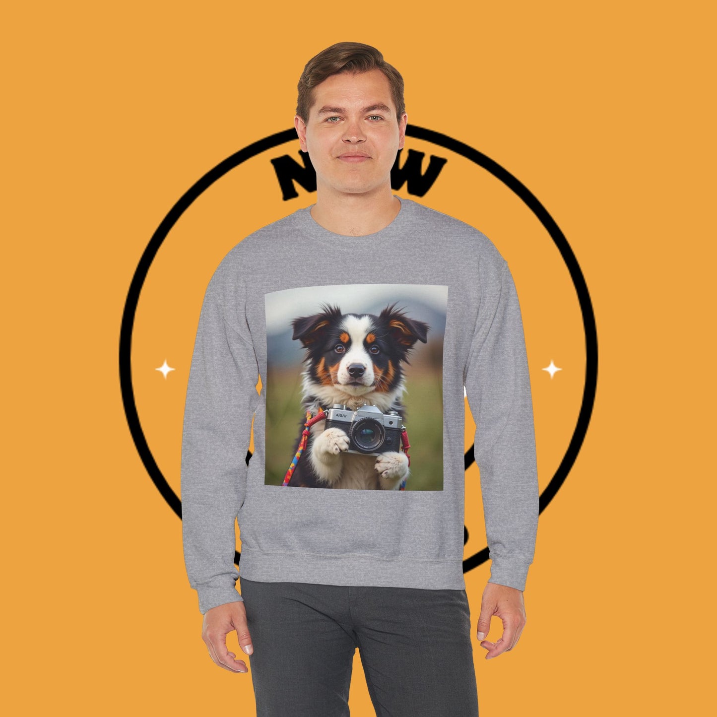 Photographer Dog Crewneck Sweatshirt - Cute Puppy with Vintage Camera Design | Photography Lover Gift