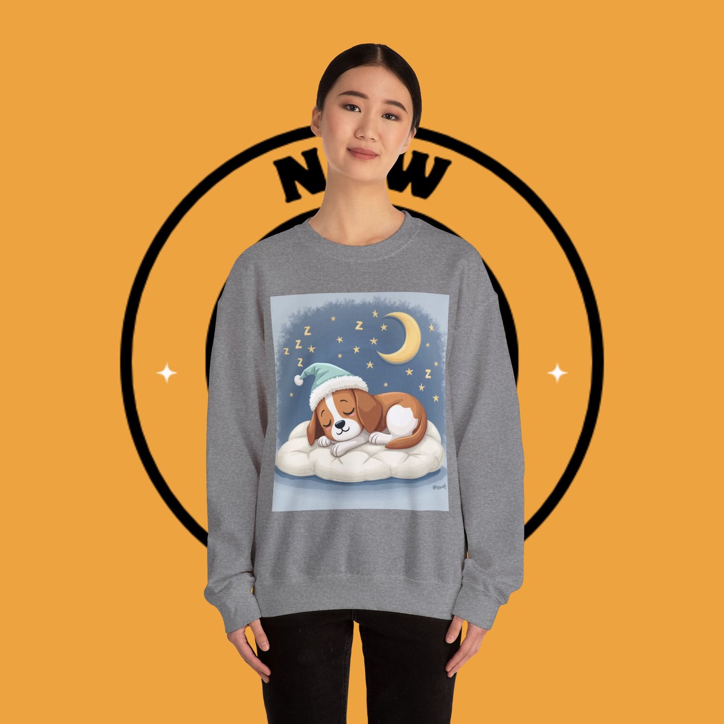Sleeping Dog Crewneck Sweatshirt - Cute Beagle Design with Moon and Stars