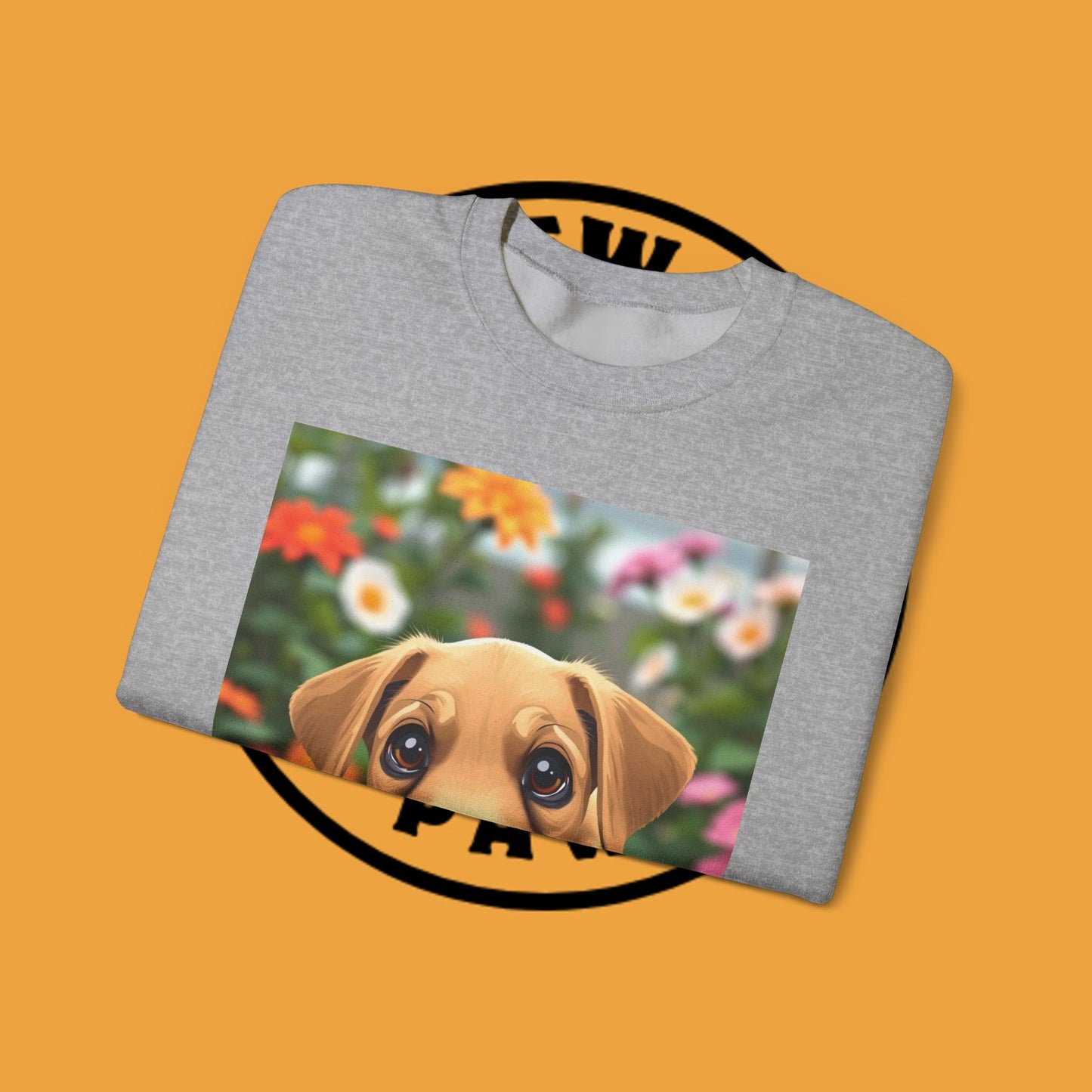 Unisex Dog Lover Crewneck Sweatshirt - Cute puppe with big eyes in floral garden
