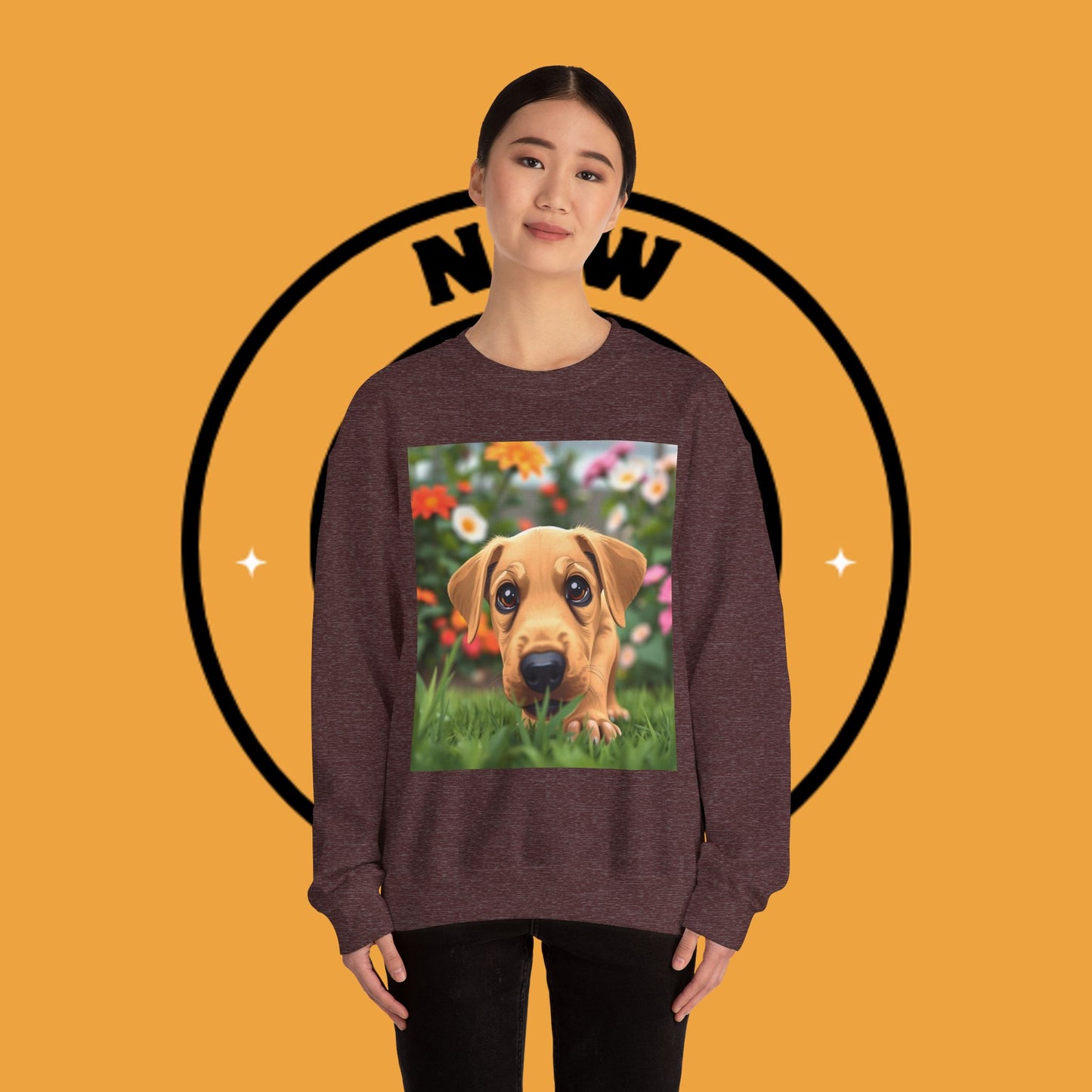 Unisex Dog Lover Crewneck Sweatshirt - Cute puppe with big eyes in floral garden