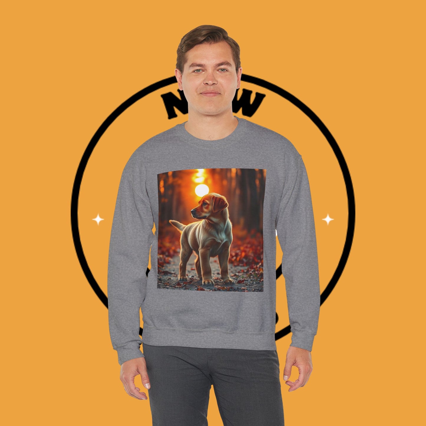 Crewneck Sweatshirt - Labrador Puppy in Autumn Forest with Golden Sunset Light Design
