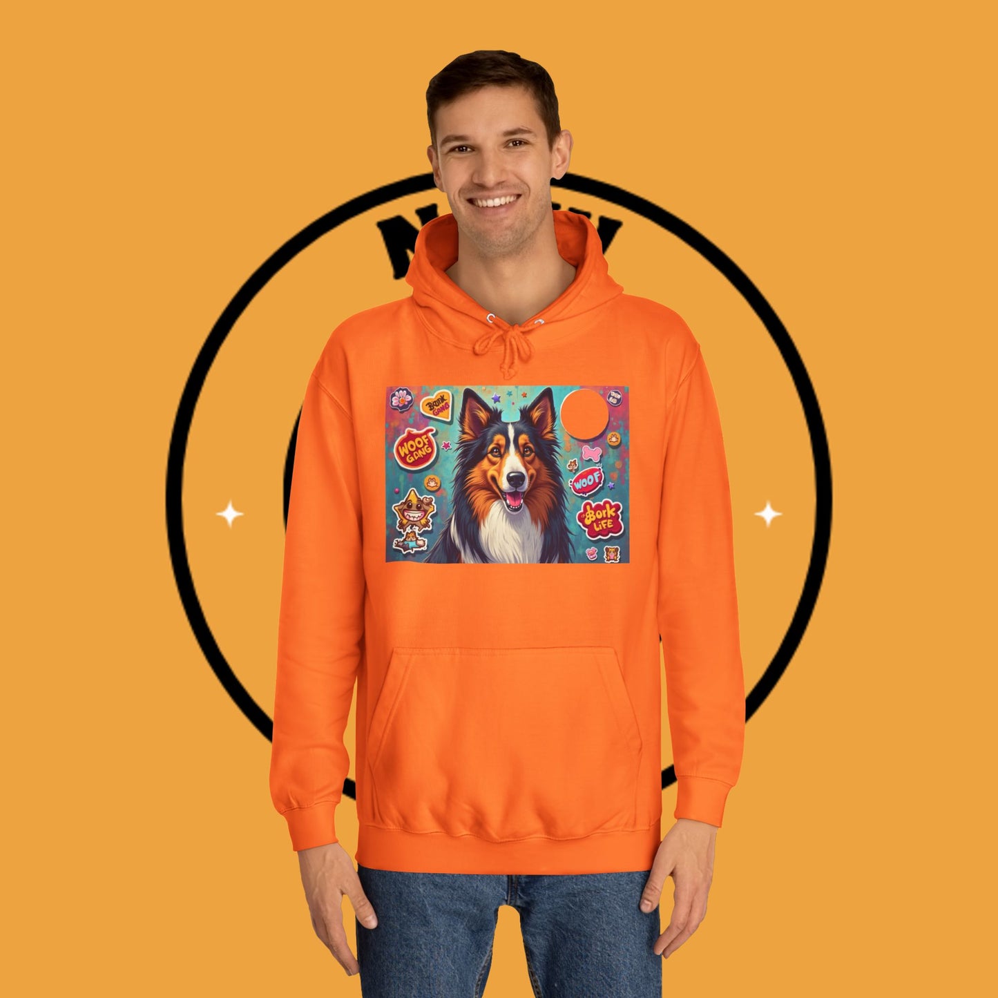 "Dog Sticker Pack Hoodie - Vibrant Collie with Fun Dog Patches Design | Millennial Pet Lover Streetwear"